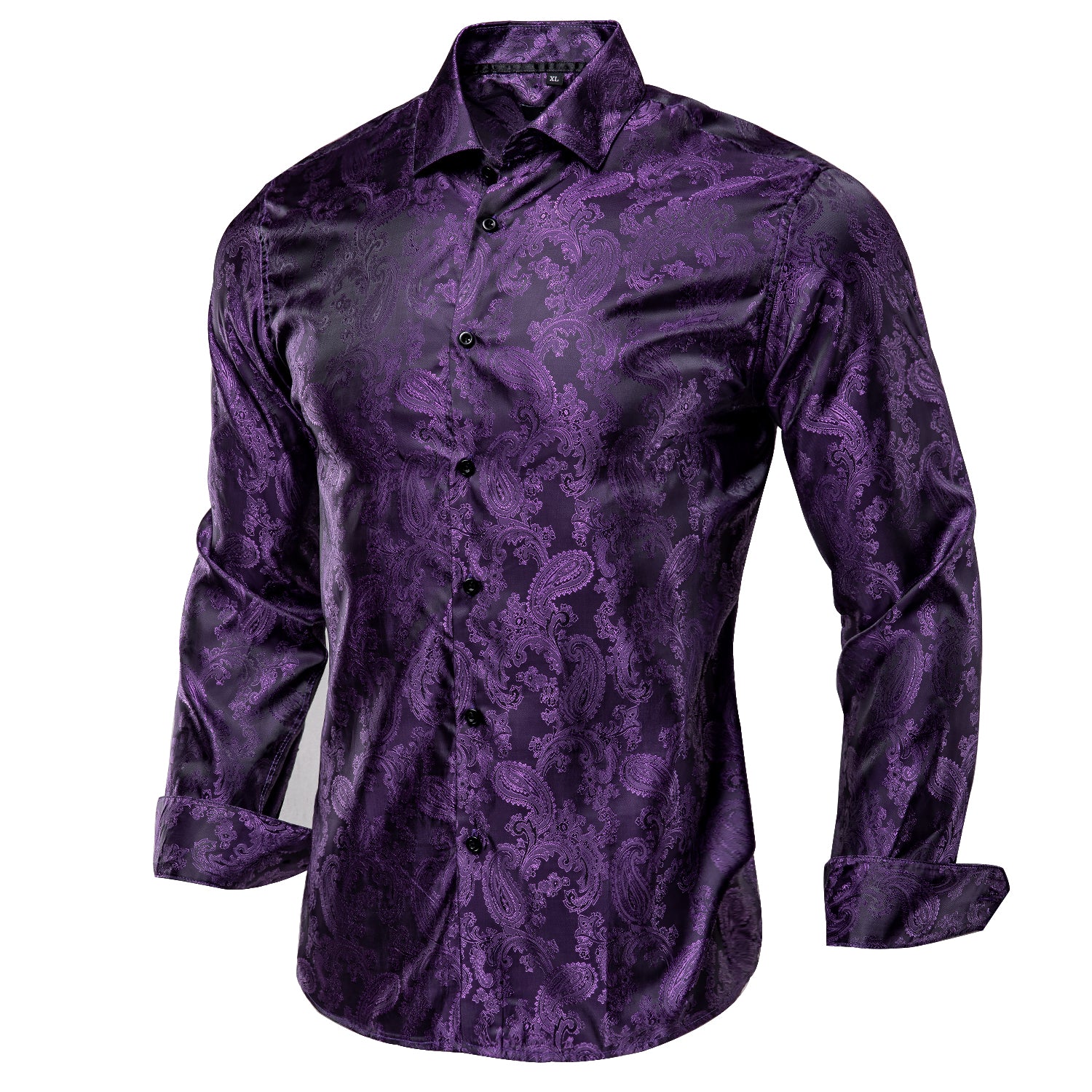 New Black Purple Paisley Silk Men's Long Sleeve Shirt