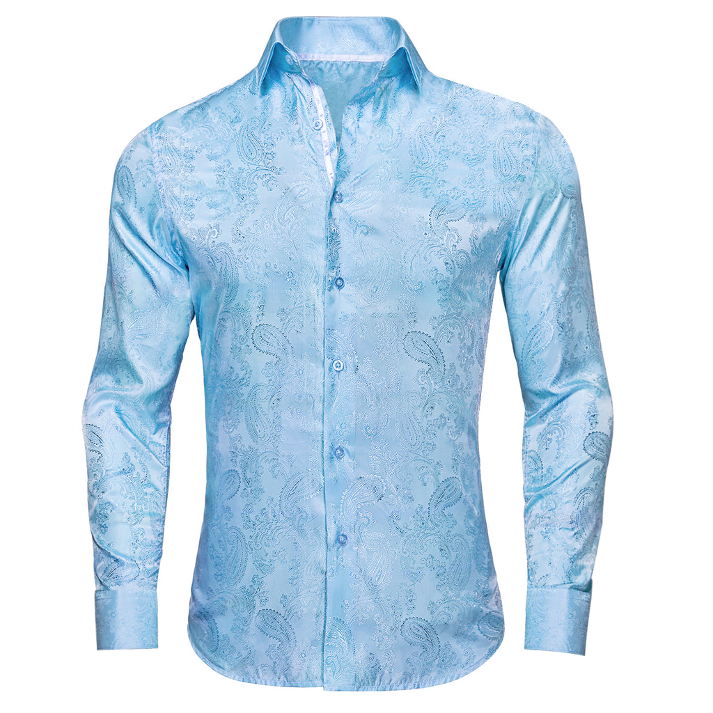 Hi-Tie Light Blue Shirt Sky-blue Paisley Silk Men's Button Up Shirt Hi-Tie Light Blue Shirt Sky-blue Paisley Silk Men's Button Up Shirt