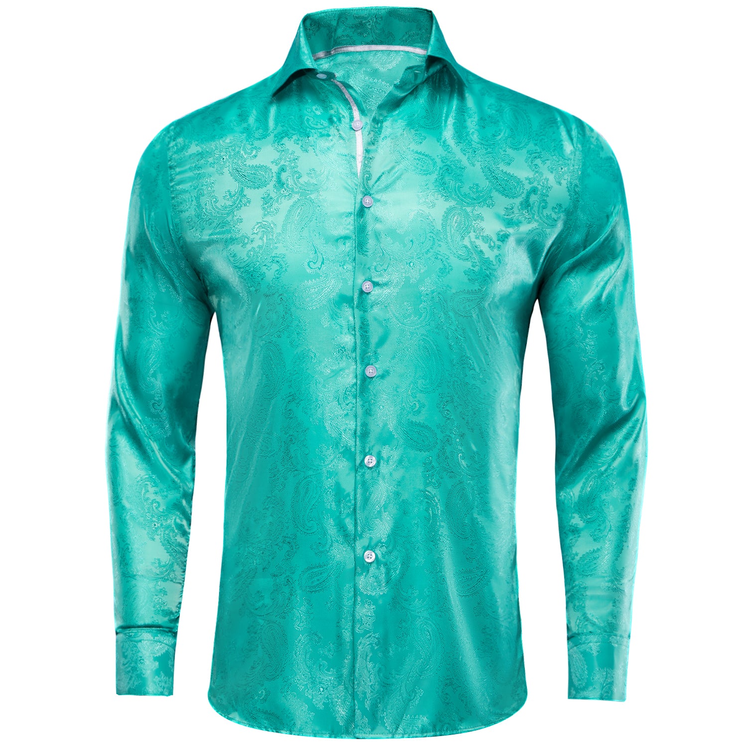 Turquoise Blue Paisley Silk Men's Long Sleeve Shirt