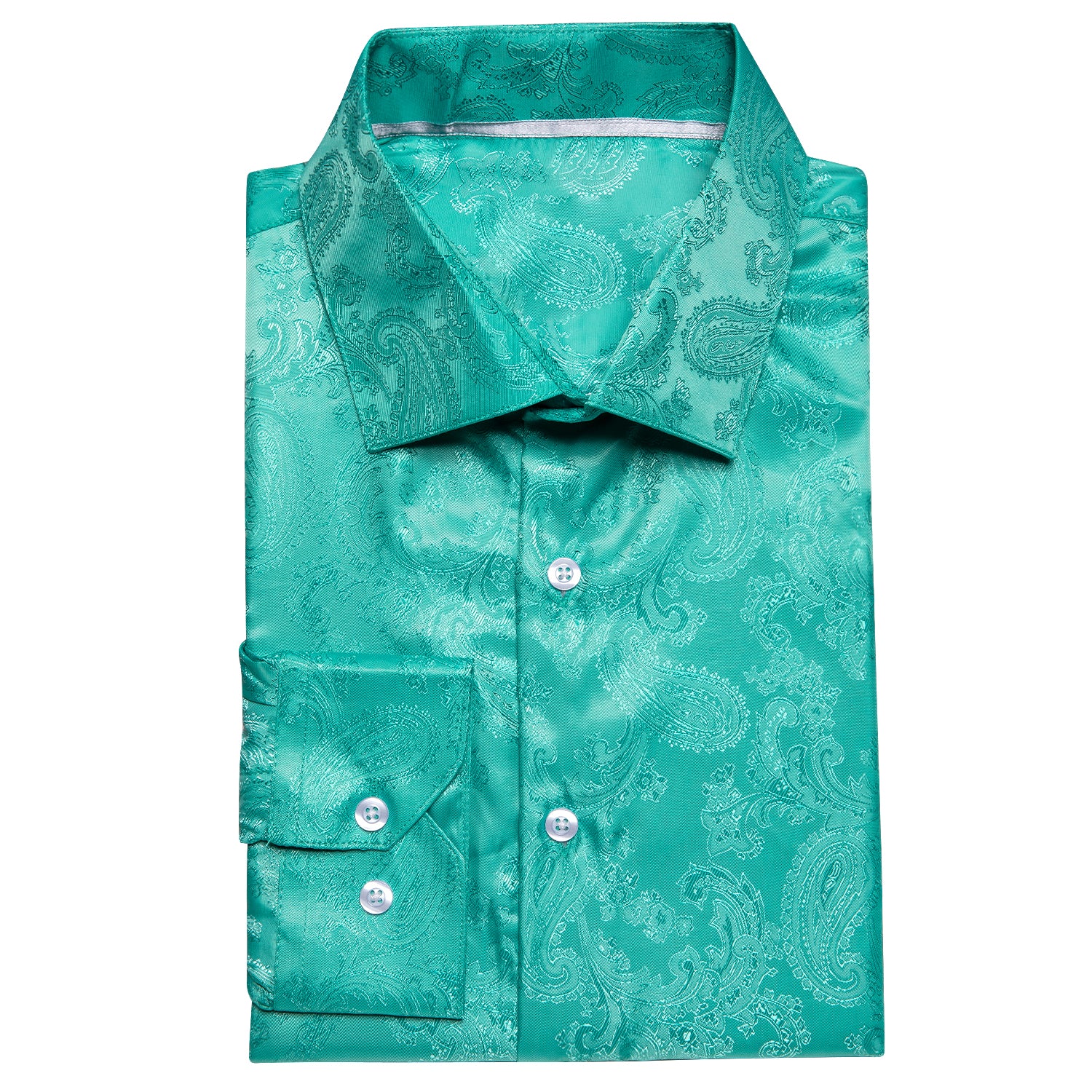 Turquoise Blue Paisley Silk Men's Long Sleeve Shirt