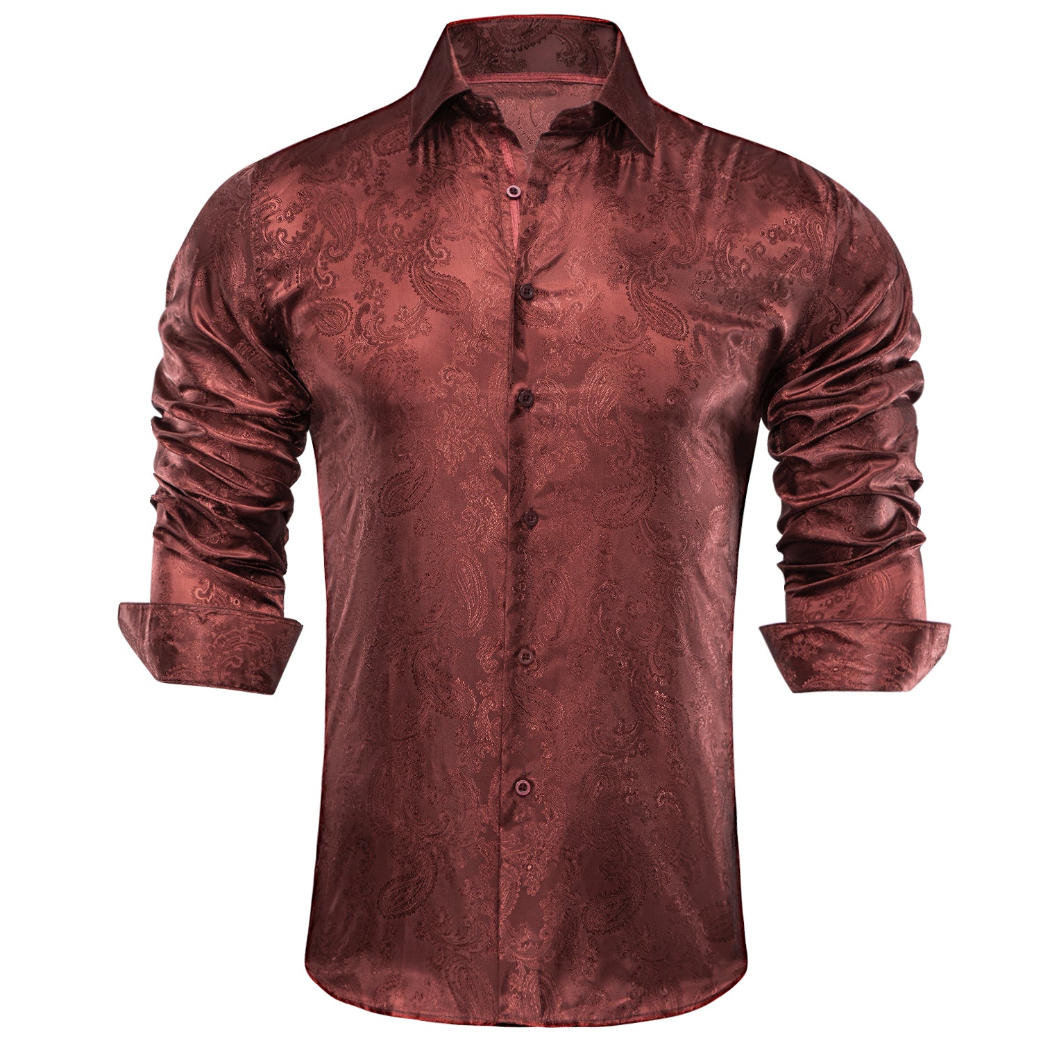 New Brown Red Paisley Silk Men's Long Sleeve Shirt