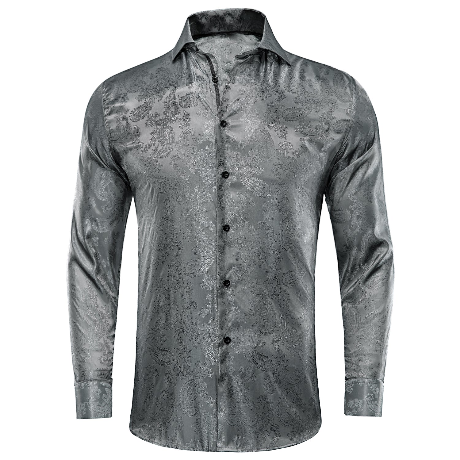 New Dark Grey Paisley Silk Men's Long Sleeve Shirt