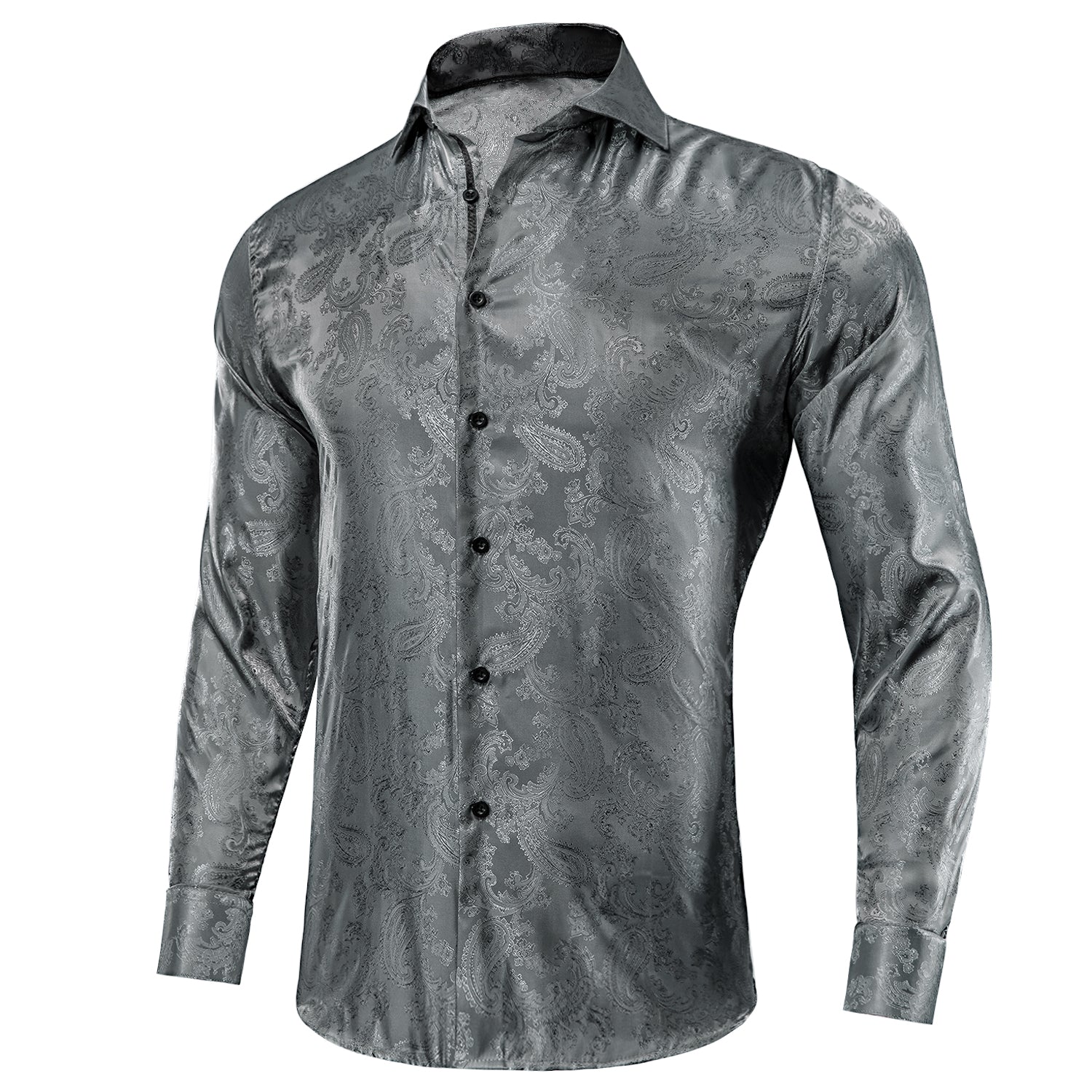 New Dark Grey Paisley Silk Men's Long Sleeve Shirt