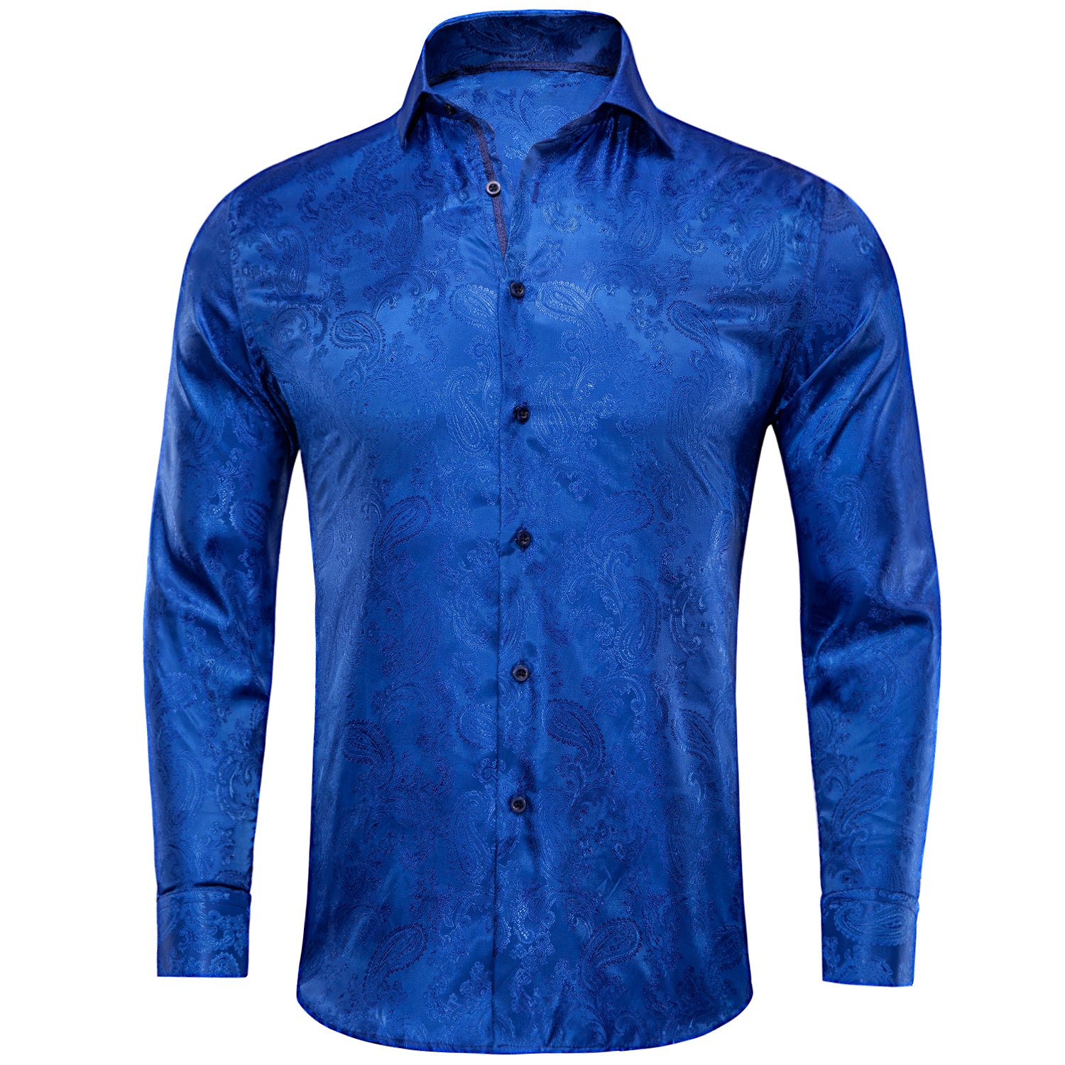 New Navy Blue Paisley Silk Men's Long Sleeve Shirt