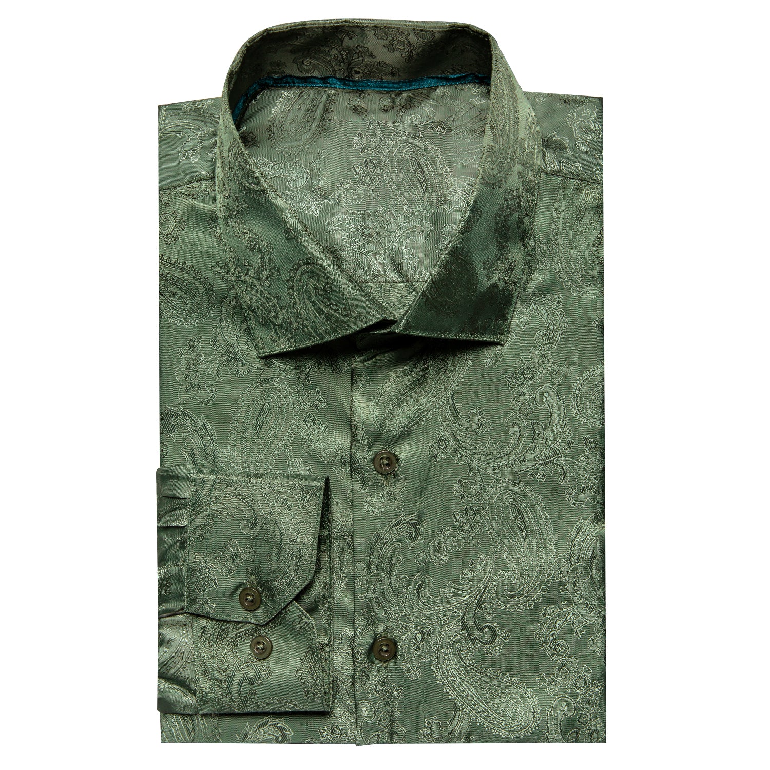 New Olive Green Paisley Silk Men's Long Sleeve Shirt