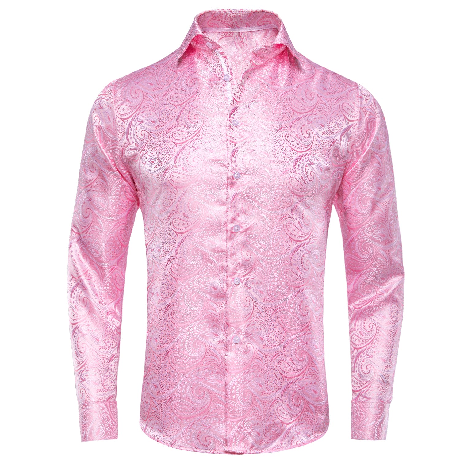 New Baby Pink Paisley Silk Men's Long Sleeve Shirt