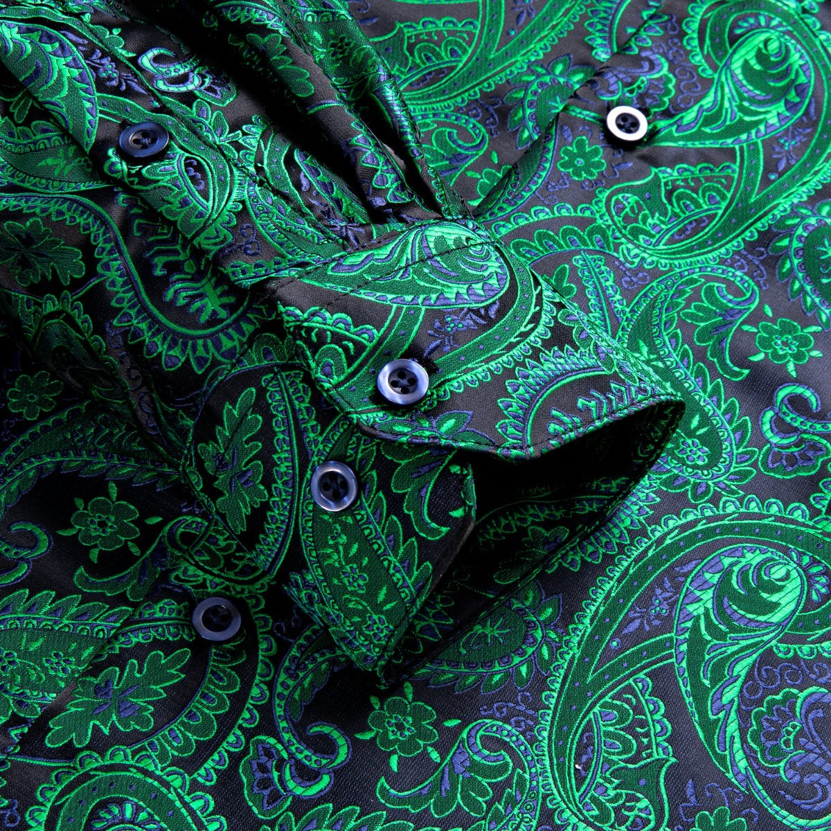 Black Green Blue Paisley Silk Men's Long Sleeve Shirt