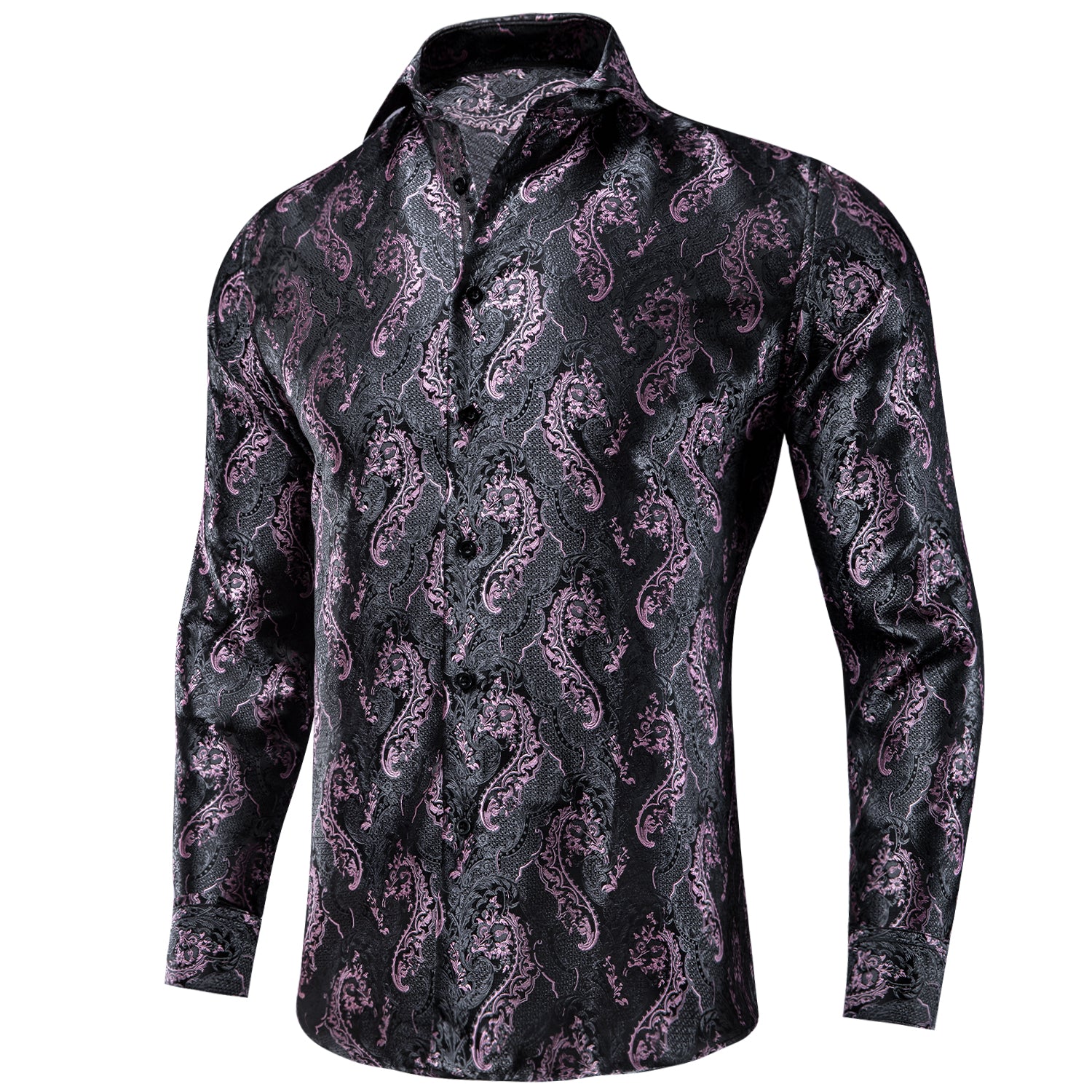 Clearance Sale New Grey Pink Paisley Silk Men's Long Sleeve Shirt