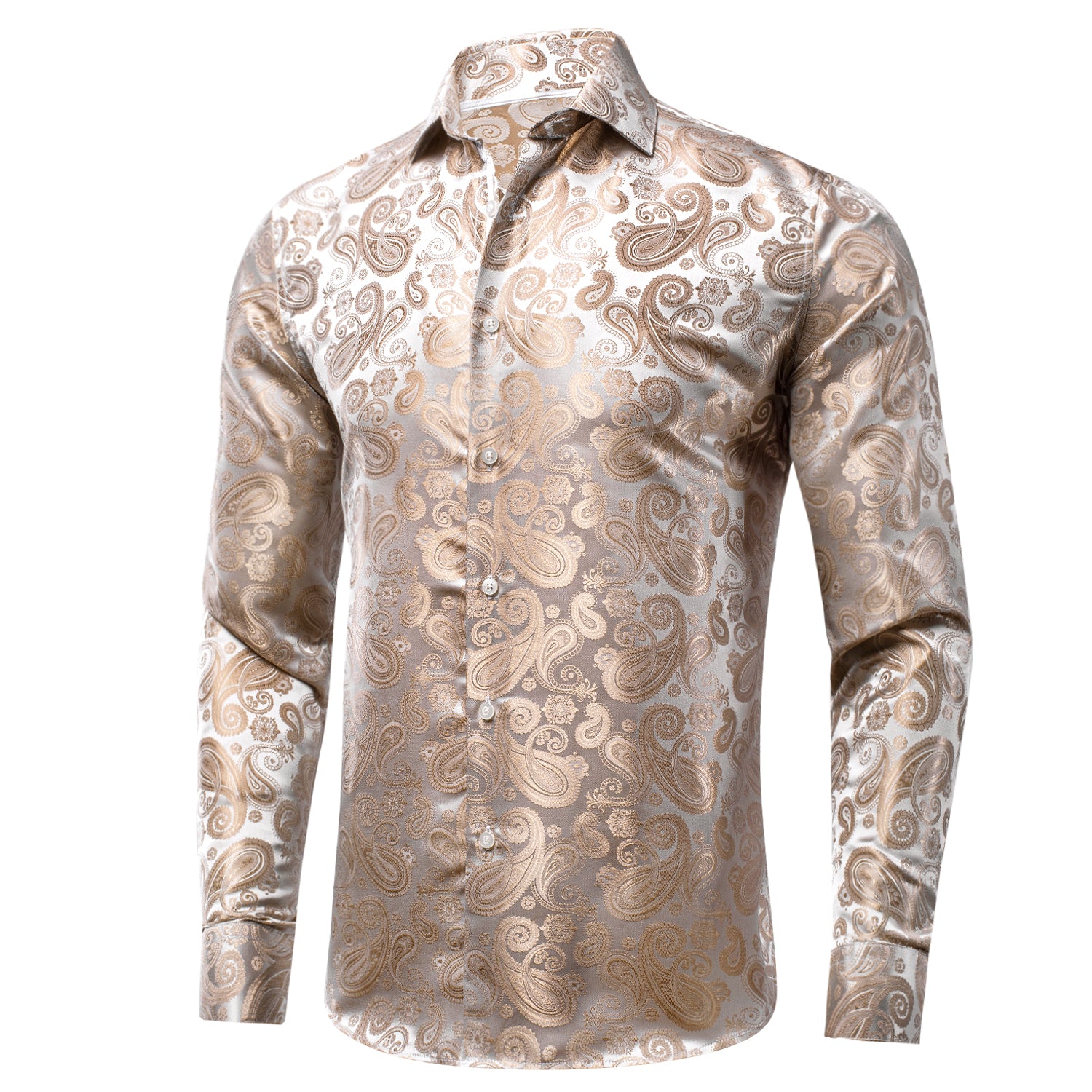 New Brown Silver Paisley Silk Men's Long Sleeve Shirt