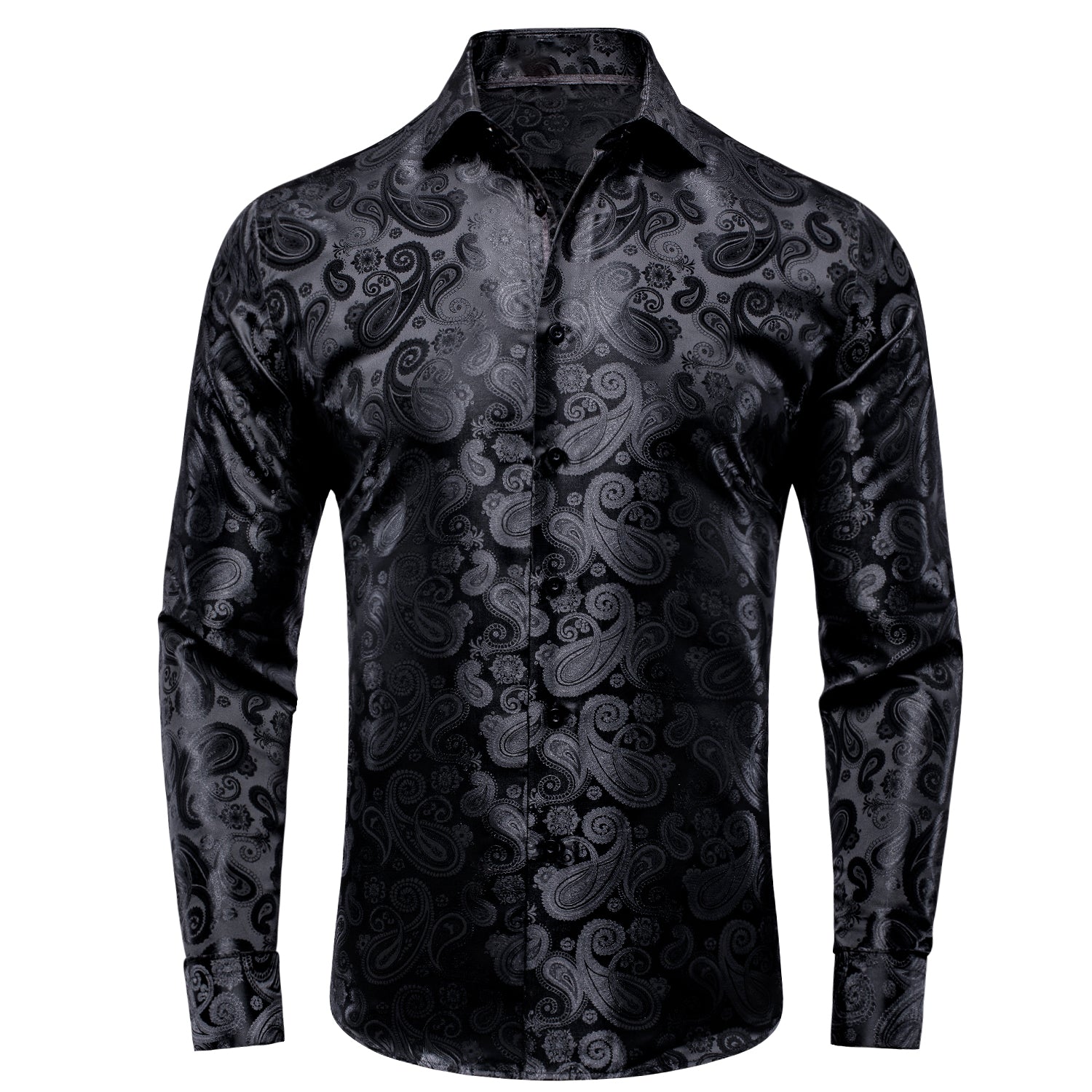 New Black Paisley Silk Men's Long Sleeve Shirt Casual