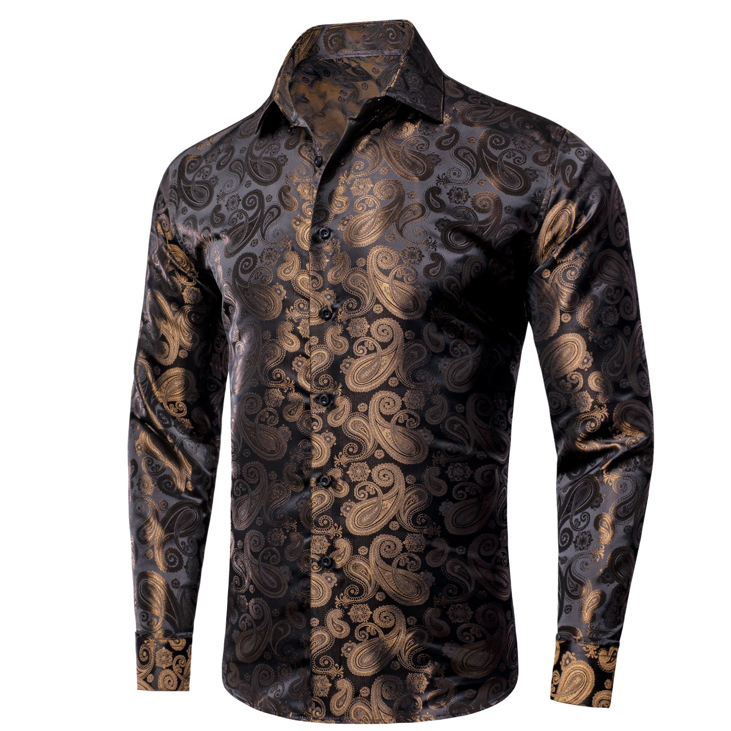 New Brown Black Paisley Silk Men's Long Sleeve Shirt Casual