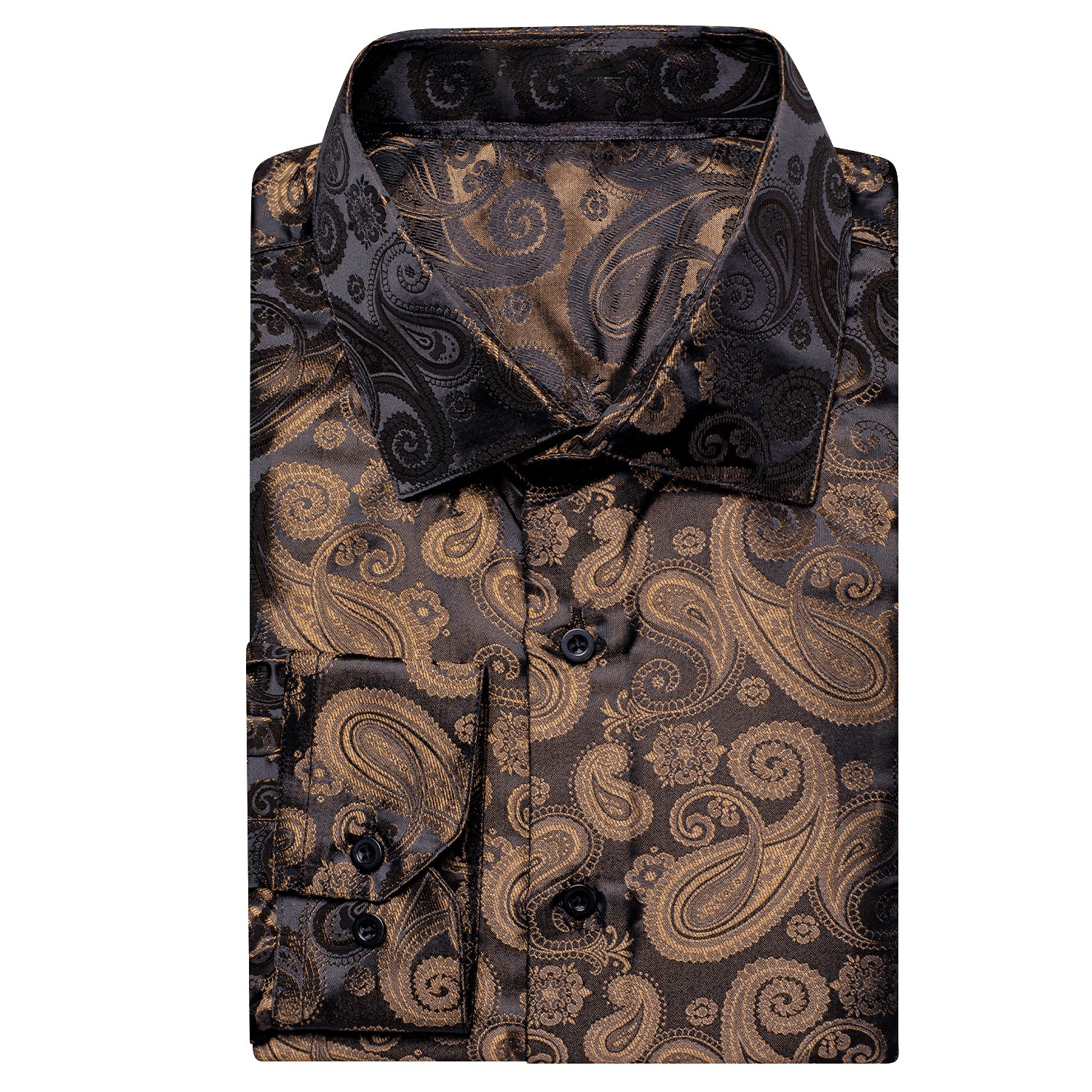 Brown Black Paisley Silk Men's Long Sleeve Shirt Casual