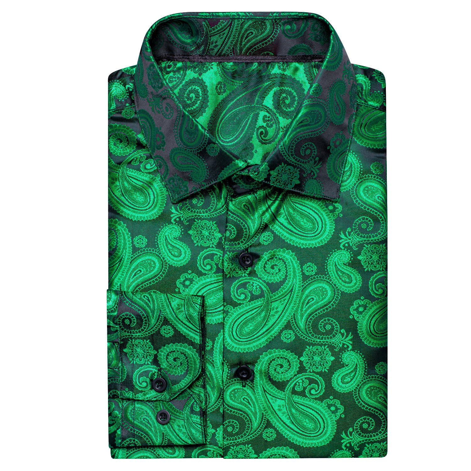 New Green Black Paisley Silk Men's Long Sleeve Shirt Casual