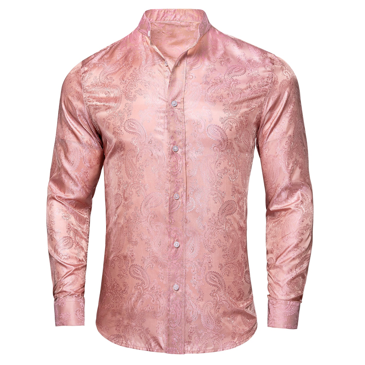 New Peach Pink Paisley  Men's Silk Dress Long Sleeve Shirt