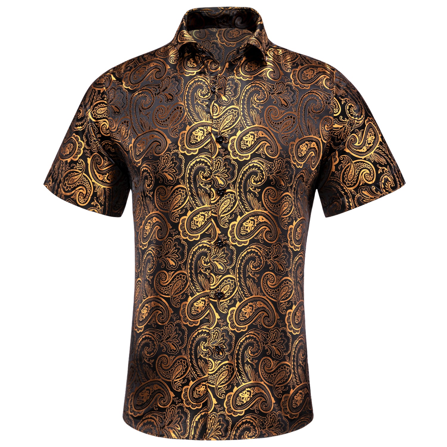 Golden Black Paisley Silk Men's Short Sleeve Shirt
