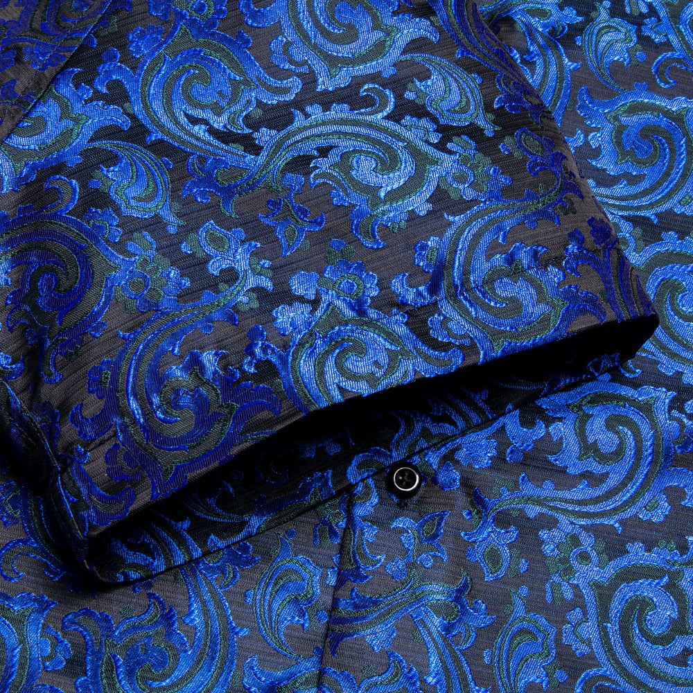 Dark Blue Black Paisley Silk Men's Short Sleeve Shirt