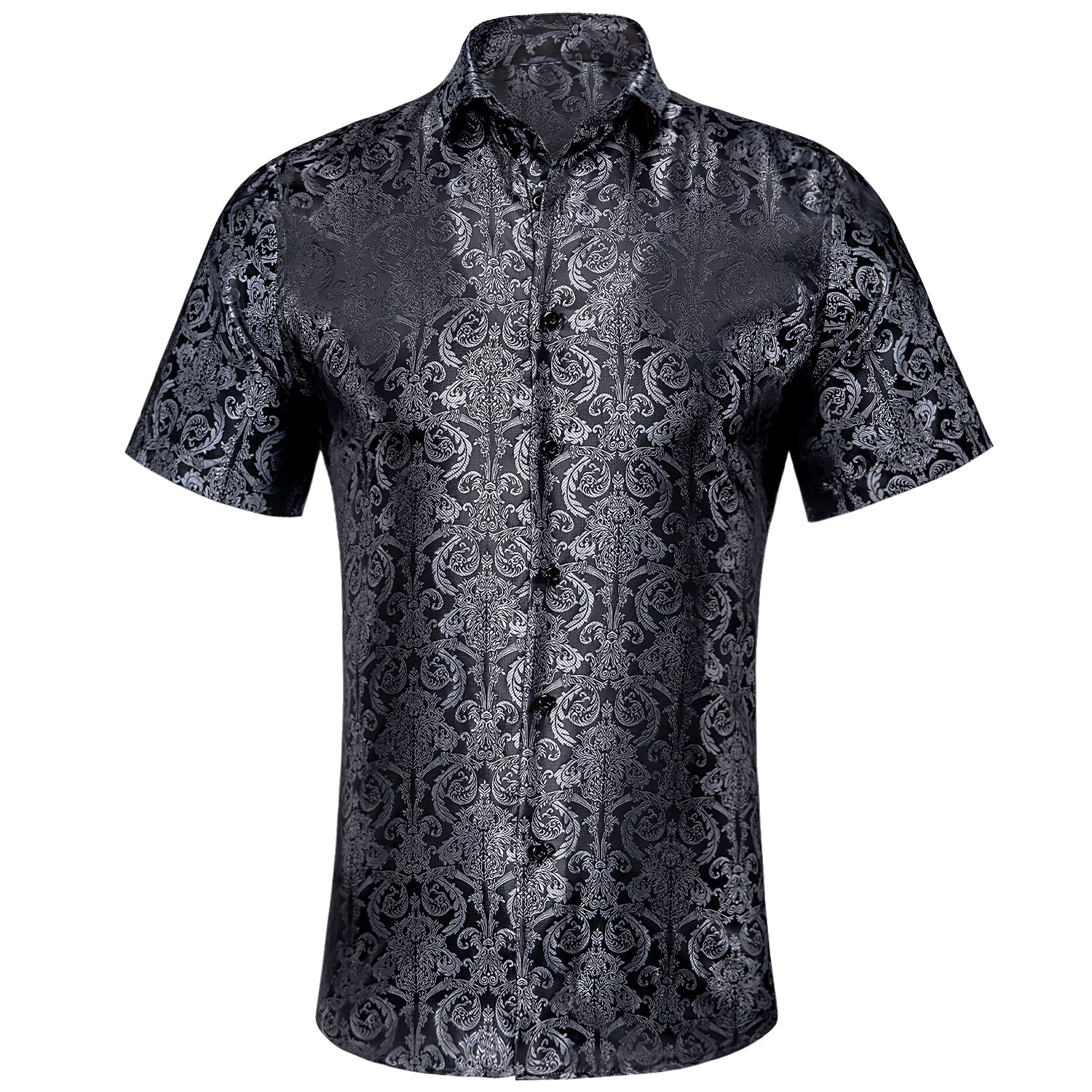 Grey Black Paisley Silk Men's Short Sleeve Shirt