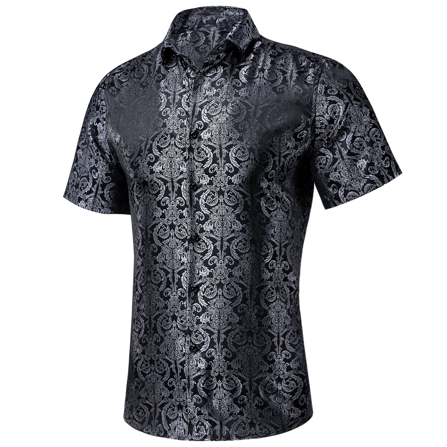Grey Black Paisley Silk Men's Short Sleeve Shirt