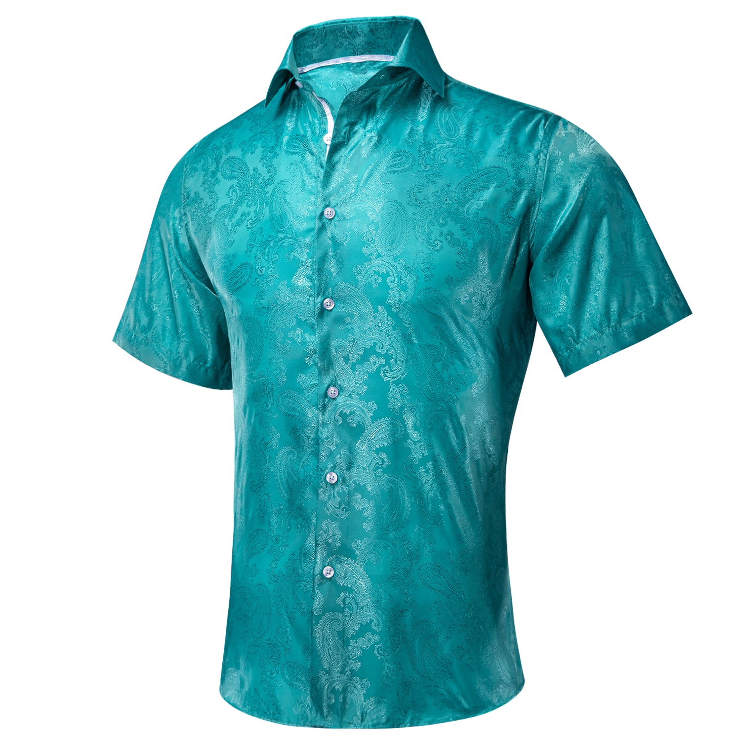 Clearance Sale Teal Green Paisley Silk Men's Short Sleeve Shirt