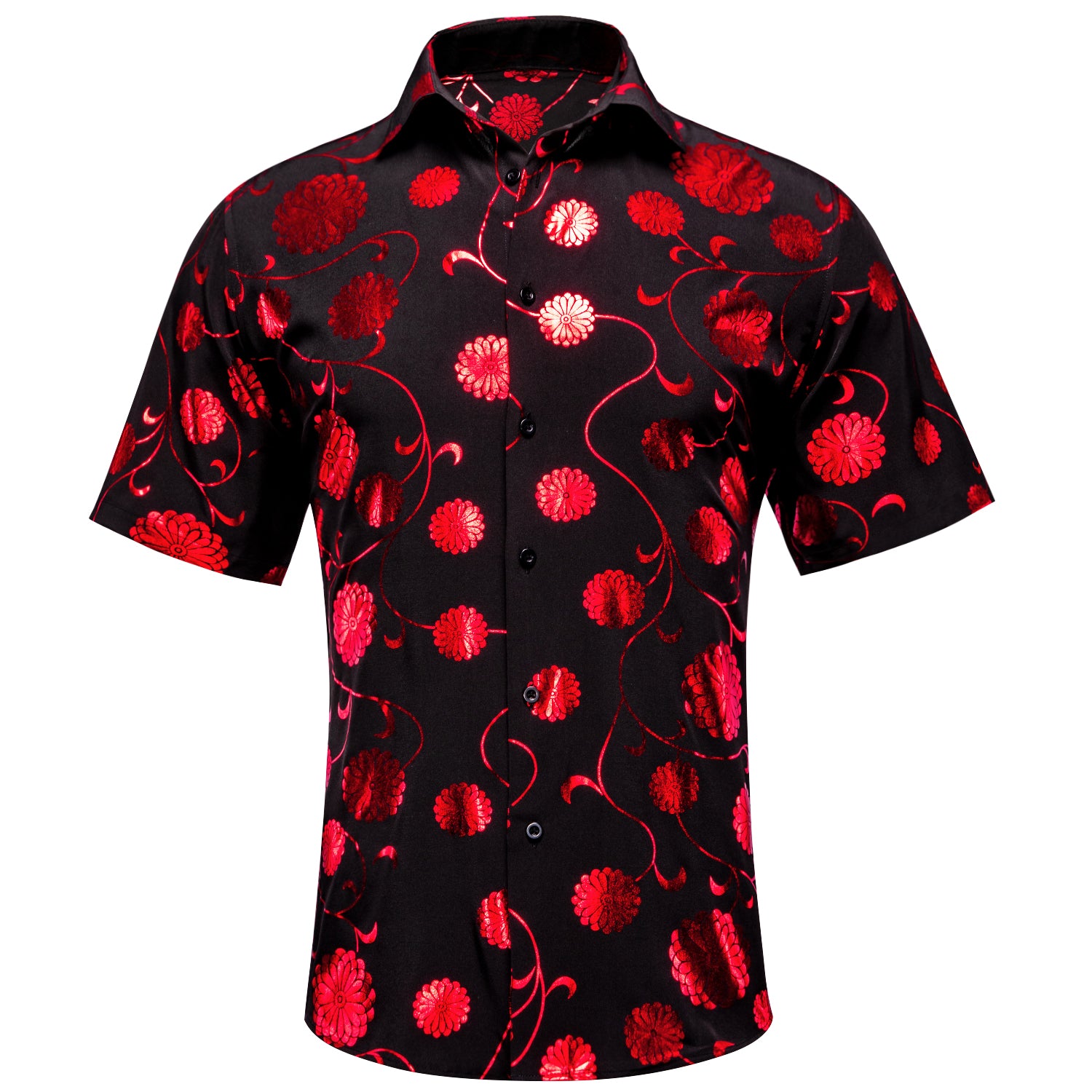 New Black Red Flower Men's Short Sleeve Shirt