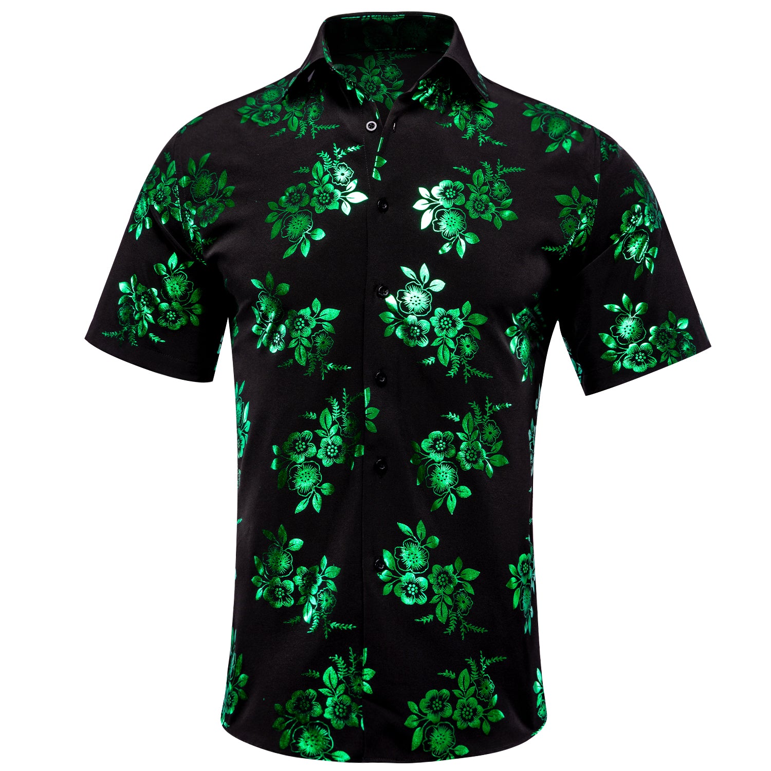 Clearance Sale New Black Green Floral Men's Short Sleeve Shirt