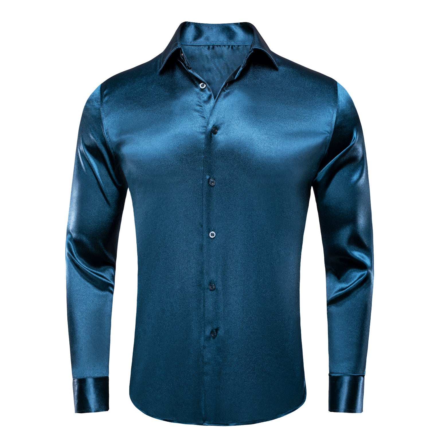 New Lake Blue Satin Silk Men's Long Sleeve Shirt