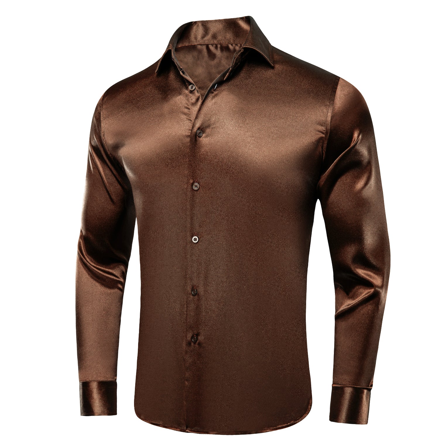 New Brown Satin Silk Men's Long Sleeve Shirt