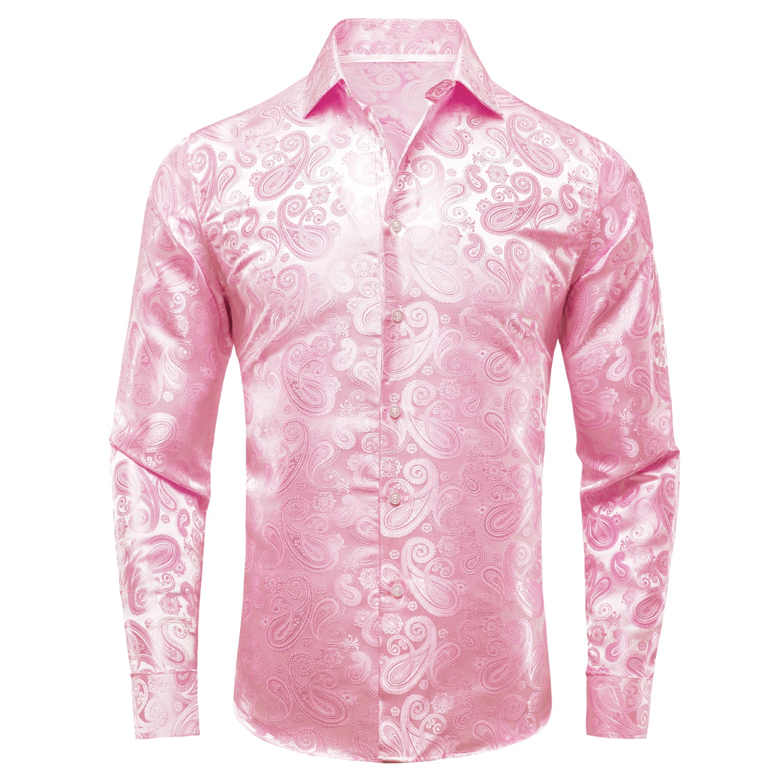 New Pink Paisley Silk Men's Long Sleeve Shirt Casual