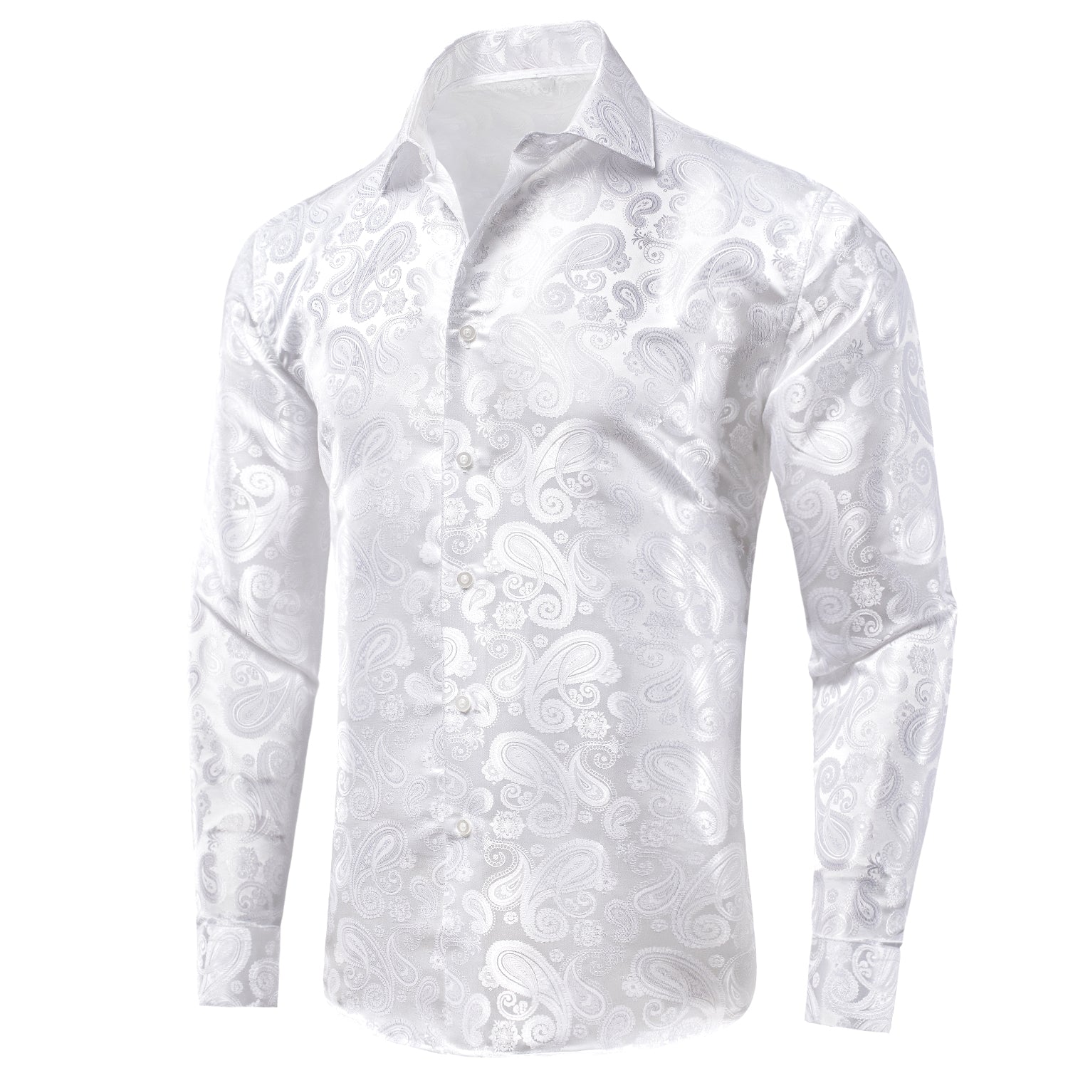 New White Paisley Silk Men's Long Sleeve Shirt Casual