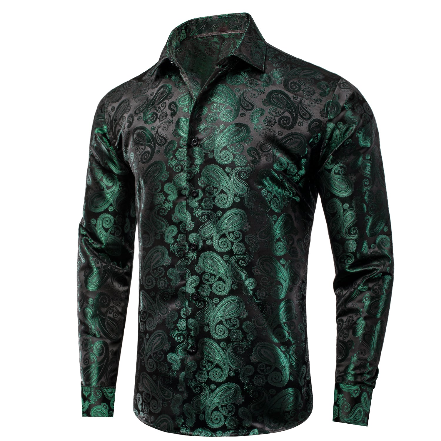 Emerald Green Black Paisley Silk Men's Long Sleeve Shirt Casual