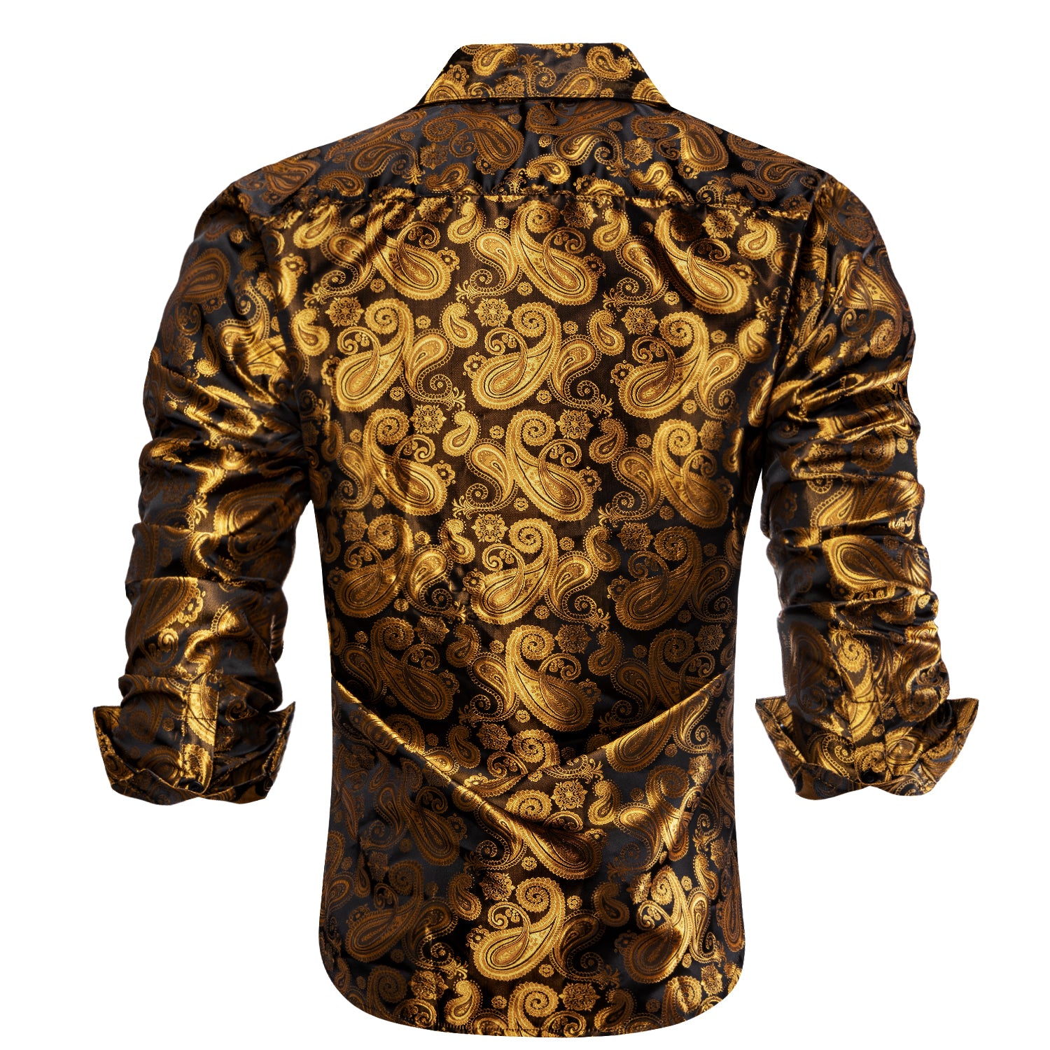 Luxury Golden Black Paisley Silk Men's Long Sleeve Shirt Casual