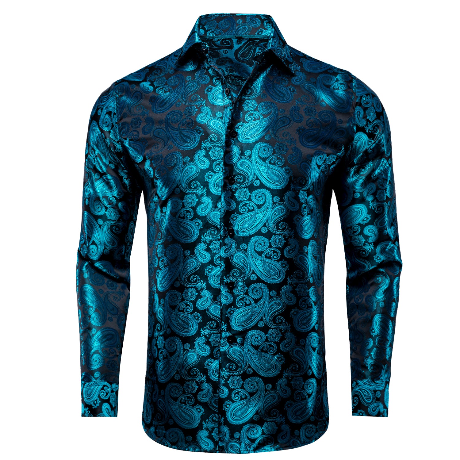 Lake Blue Black Paisley Silk Men's Long Sleeve Shirt Casual