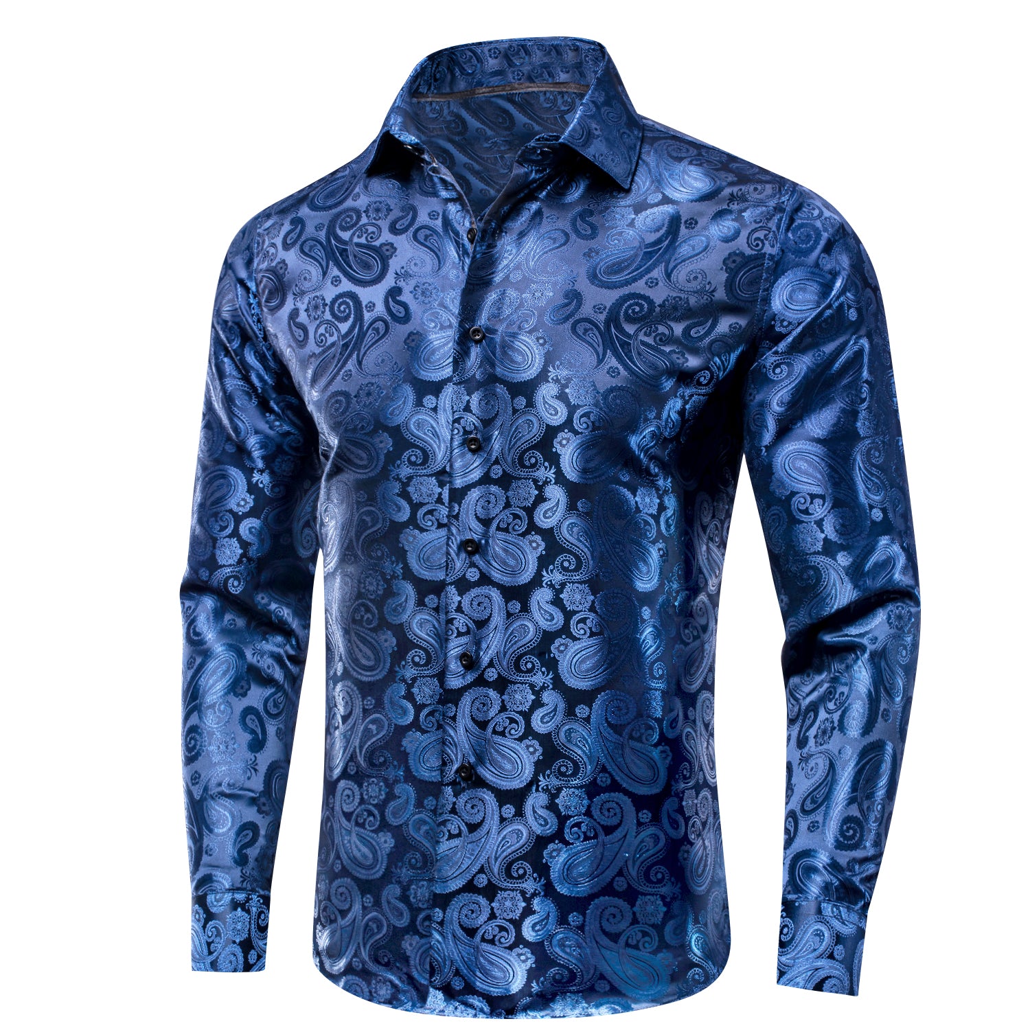 Navy Blue Paisley Silk Men's Long Sleeve Shirt Casual