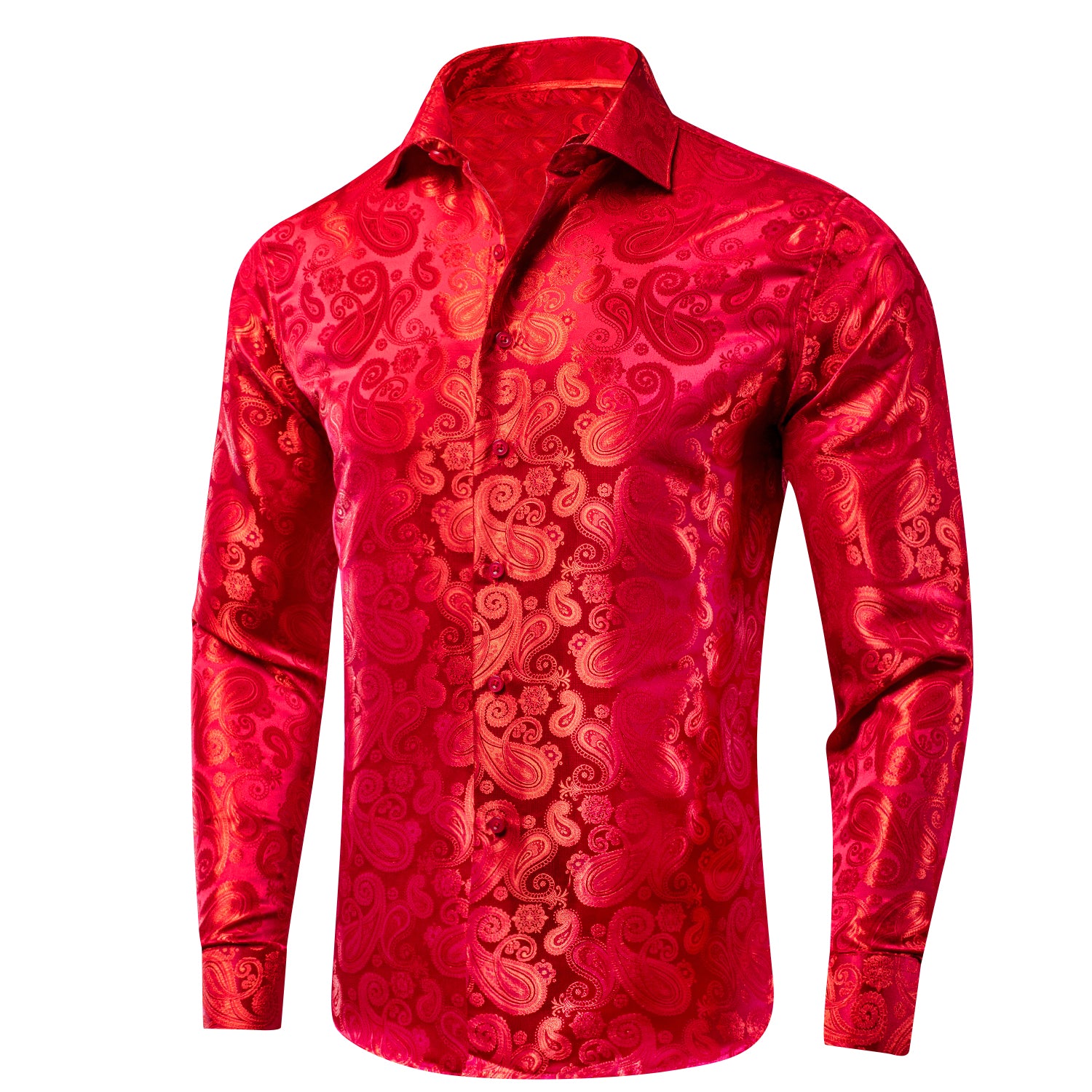 Fresh Red Paisley Silk Men's Long Sleeve Shirt Casual