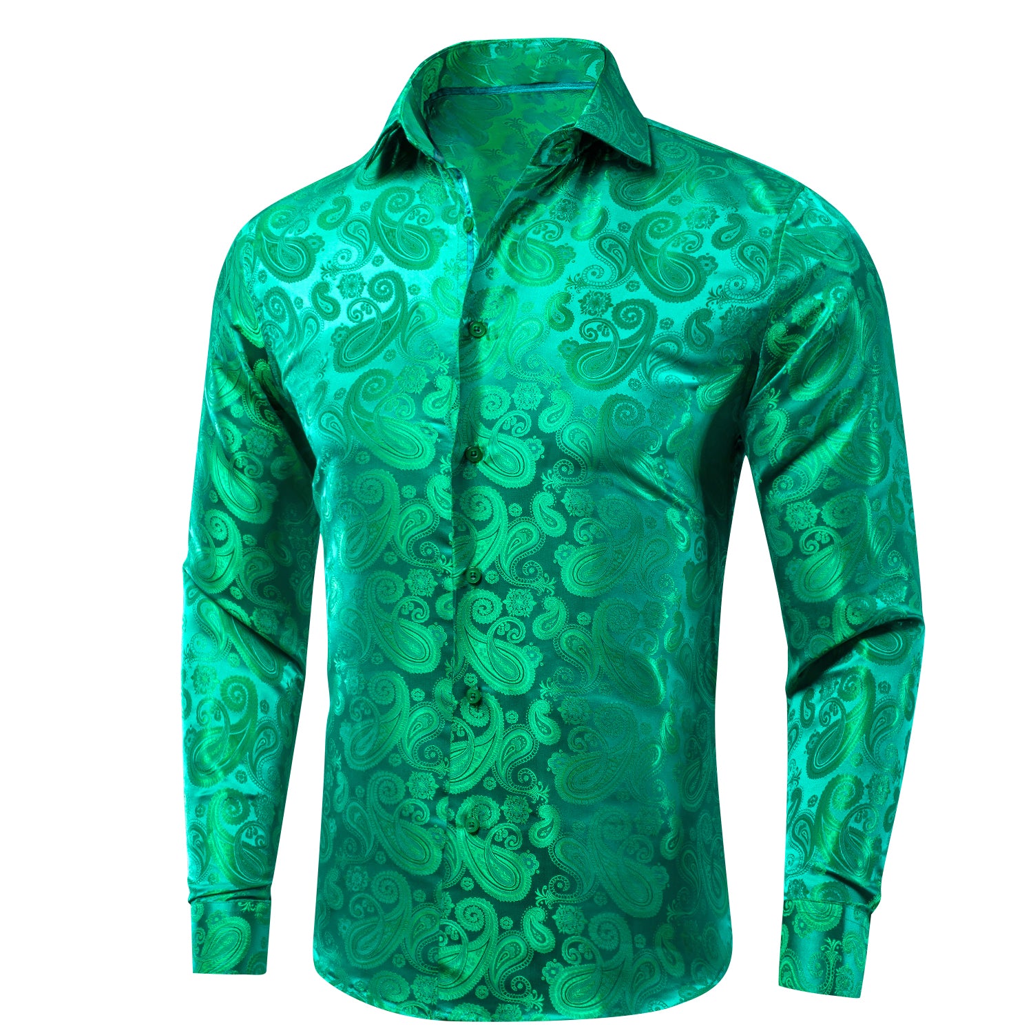 Grass Green Paisley Silk Men's Long Sleeve Shirt Casual