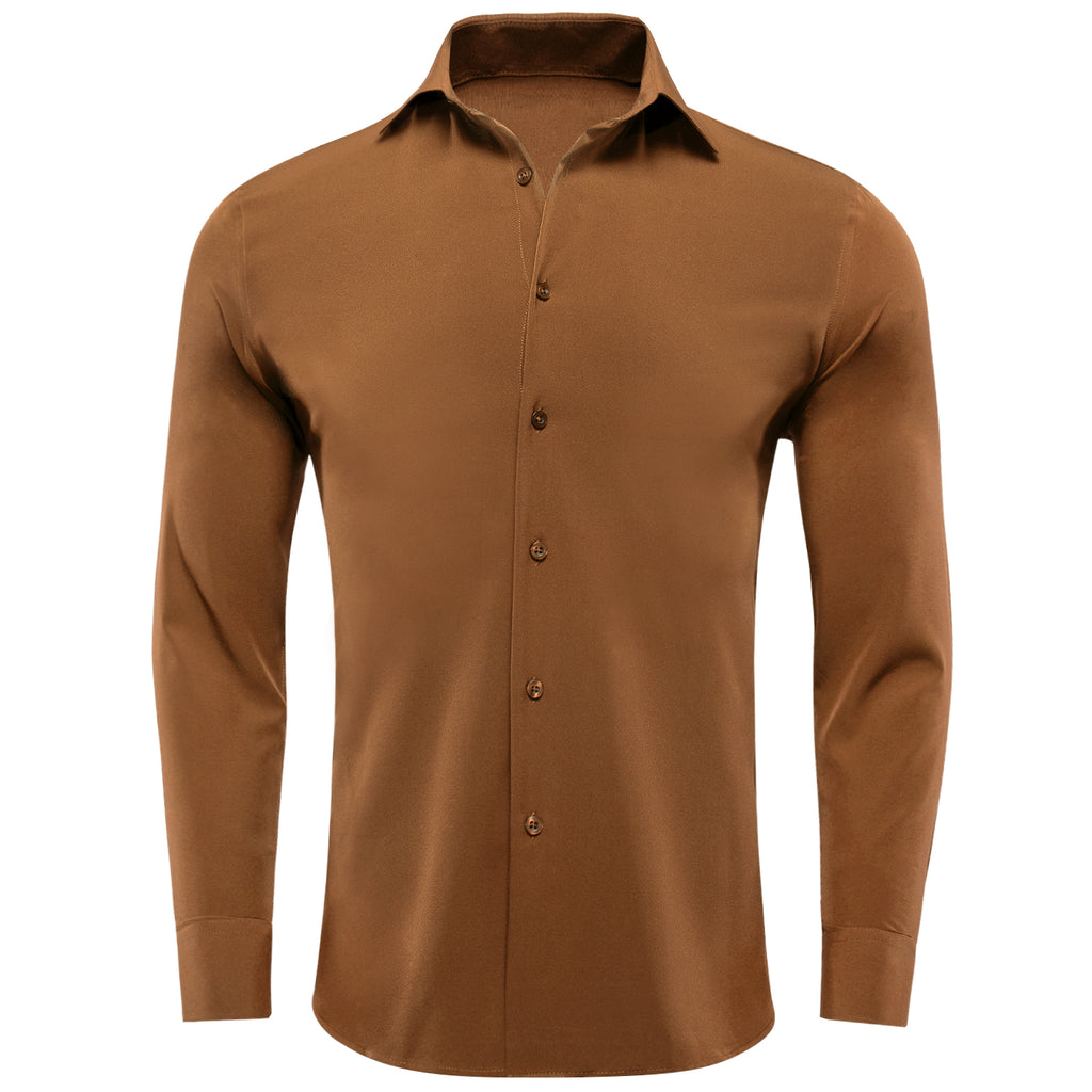 Hi-Tie Brown Dress Shirt Solid Stretch Mens Collared Long Sleeve Shirt, XL Hi-Tie Brown Dress Shirt Solid Stretch Mens Collared Long Sleeve Shirt, XL
