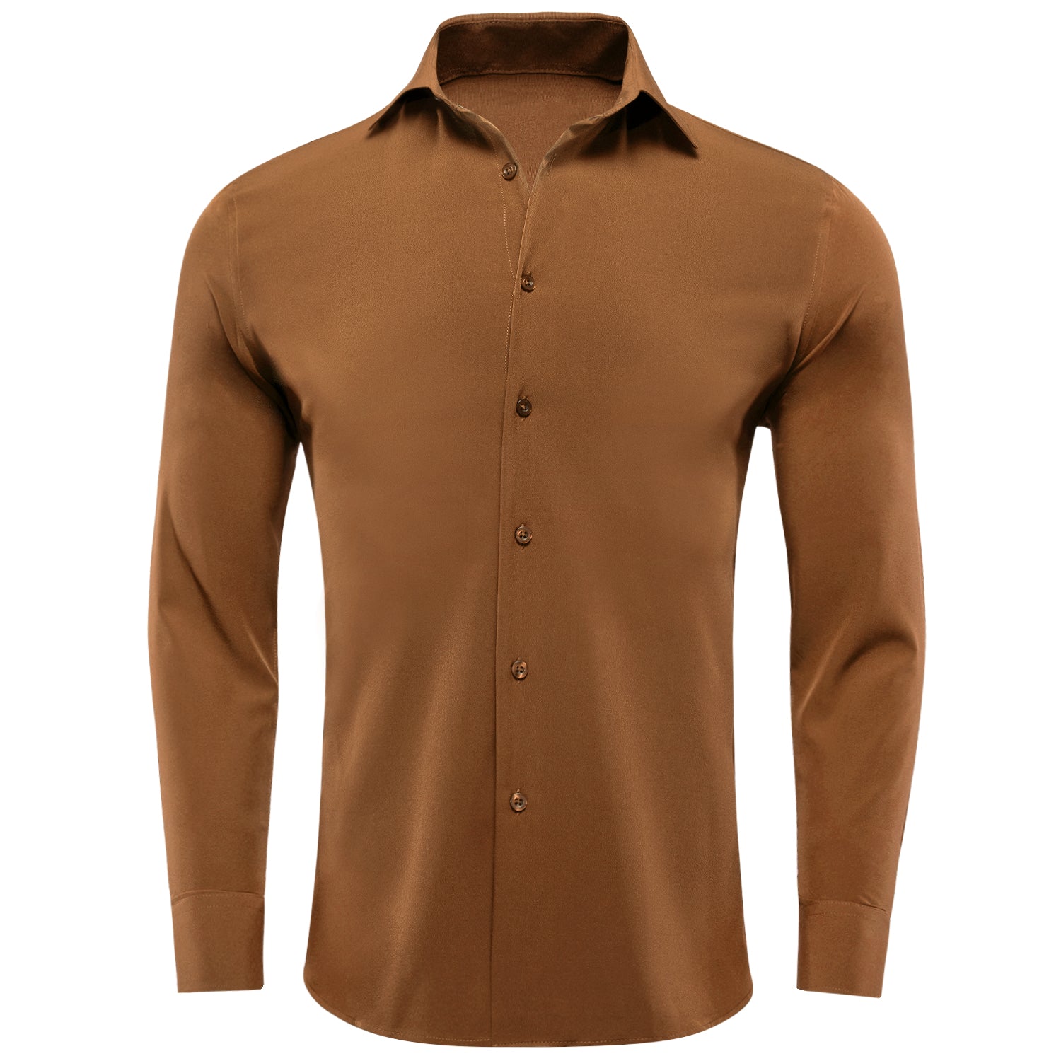 New Brown Solid Stretch Men's Long Sleeve Shirt