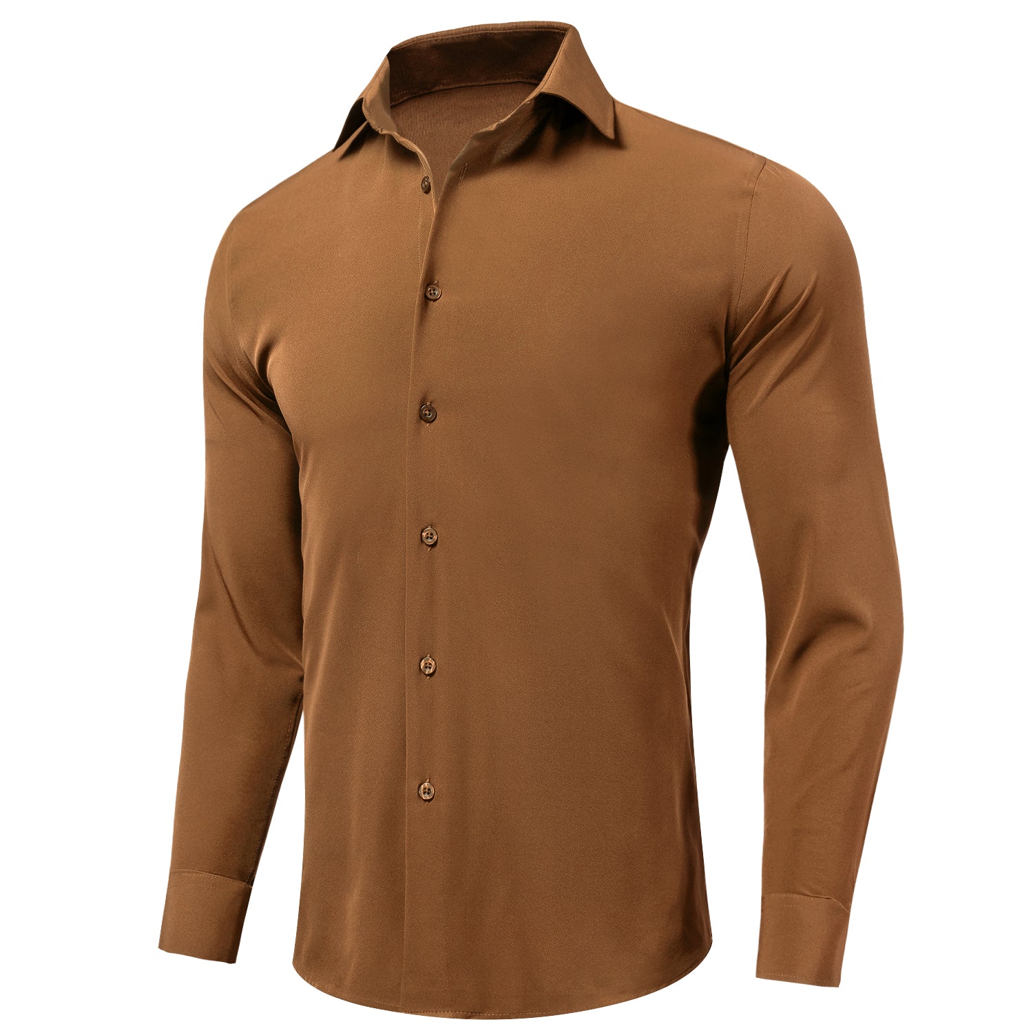 New Brown Solid Stretch Men's Long Sleeve Shirt