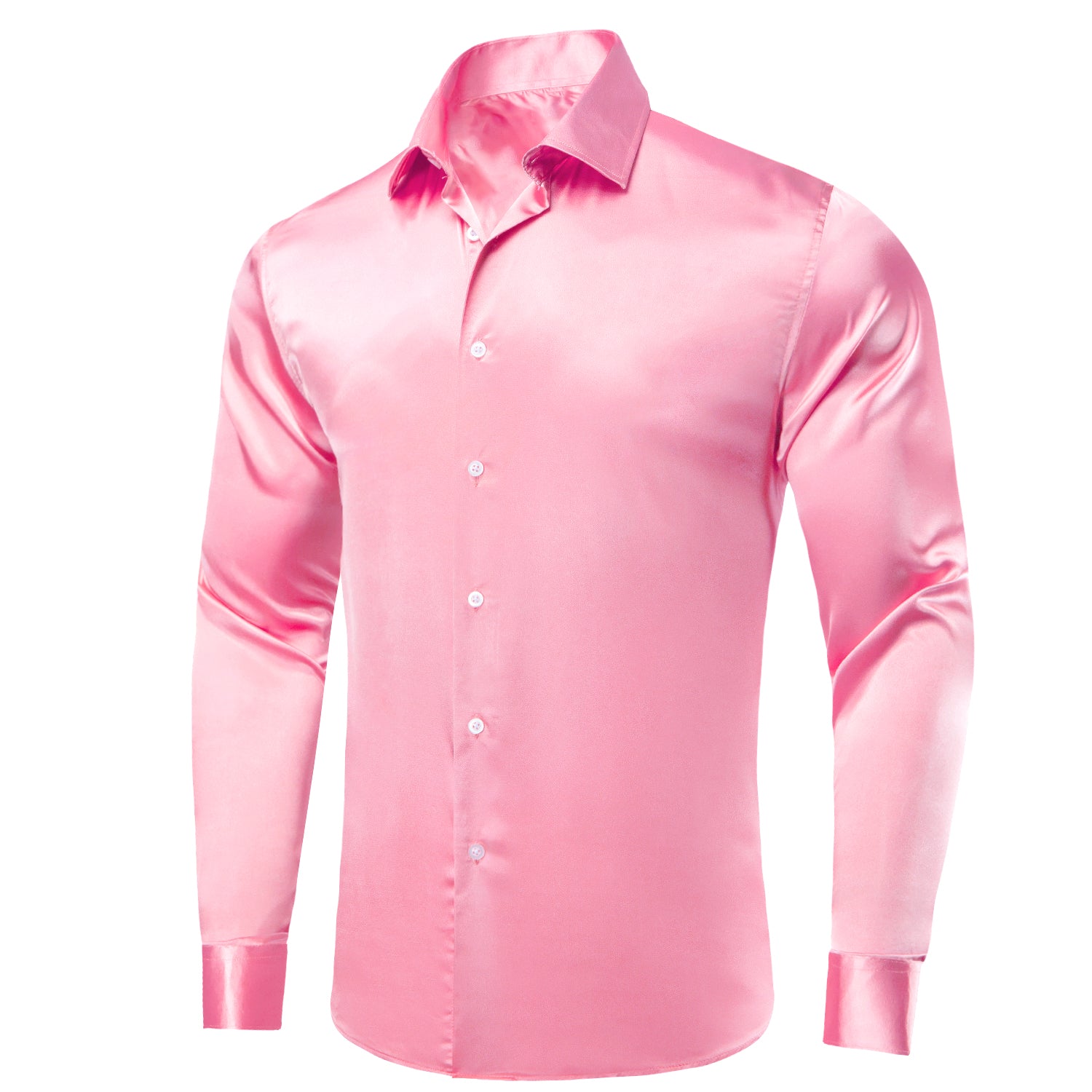 Pink Solid Satin Men's Long Sleeve Dress Shirt