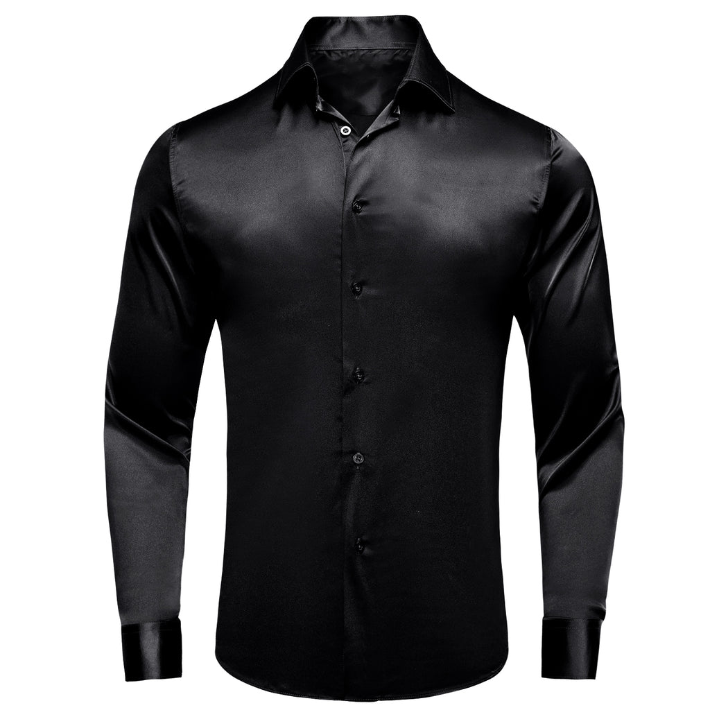 black silk dress shirt Hi-Tie Black Silk Shirt Solid Satin Men's Long Sleeve Dress Shirt, 2XL
