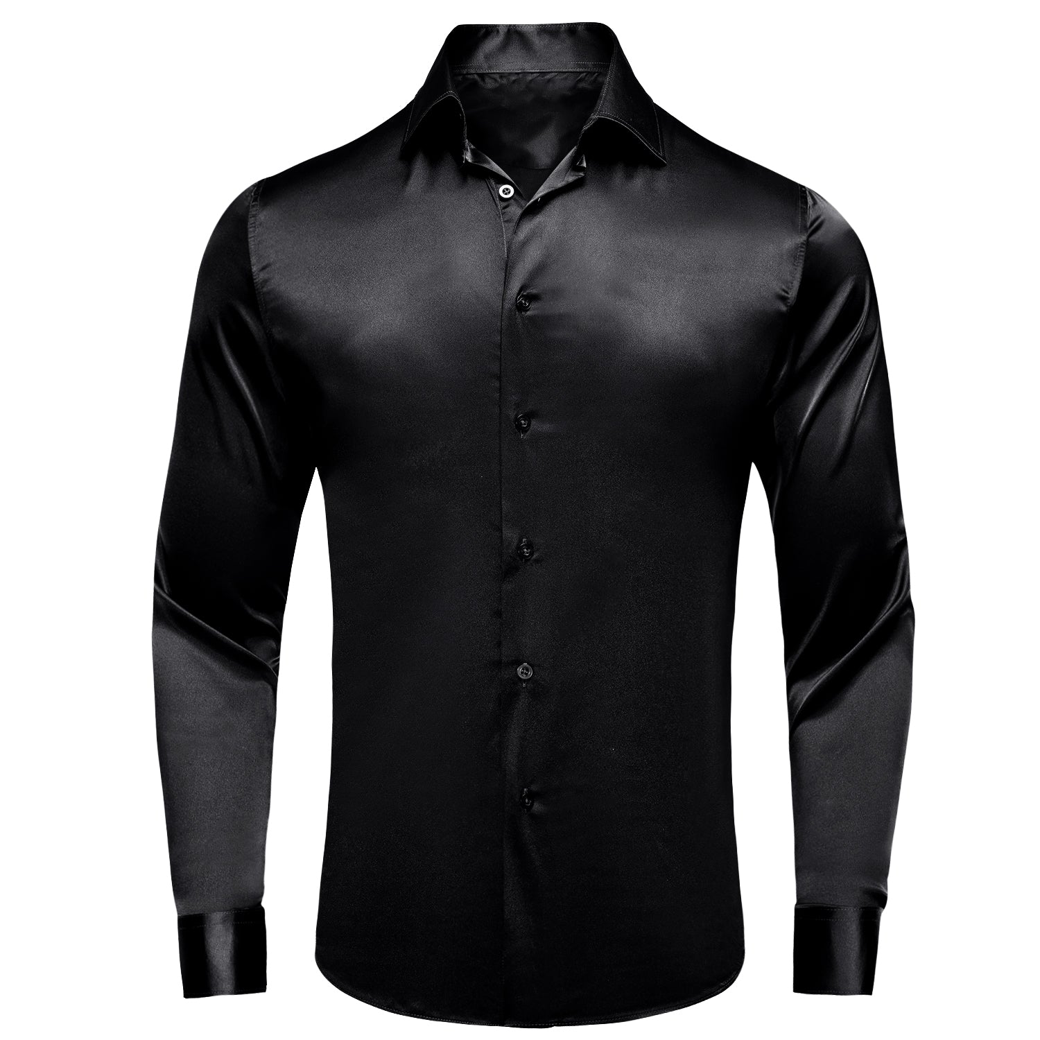 Black Solid Satin Men's Long Sleeve Dress Shirt