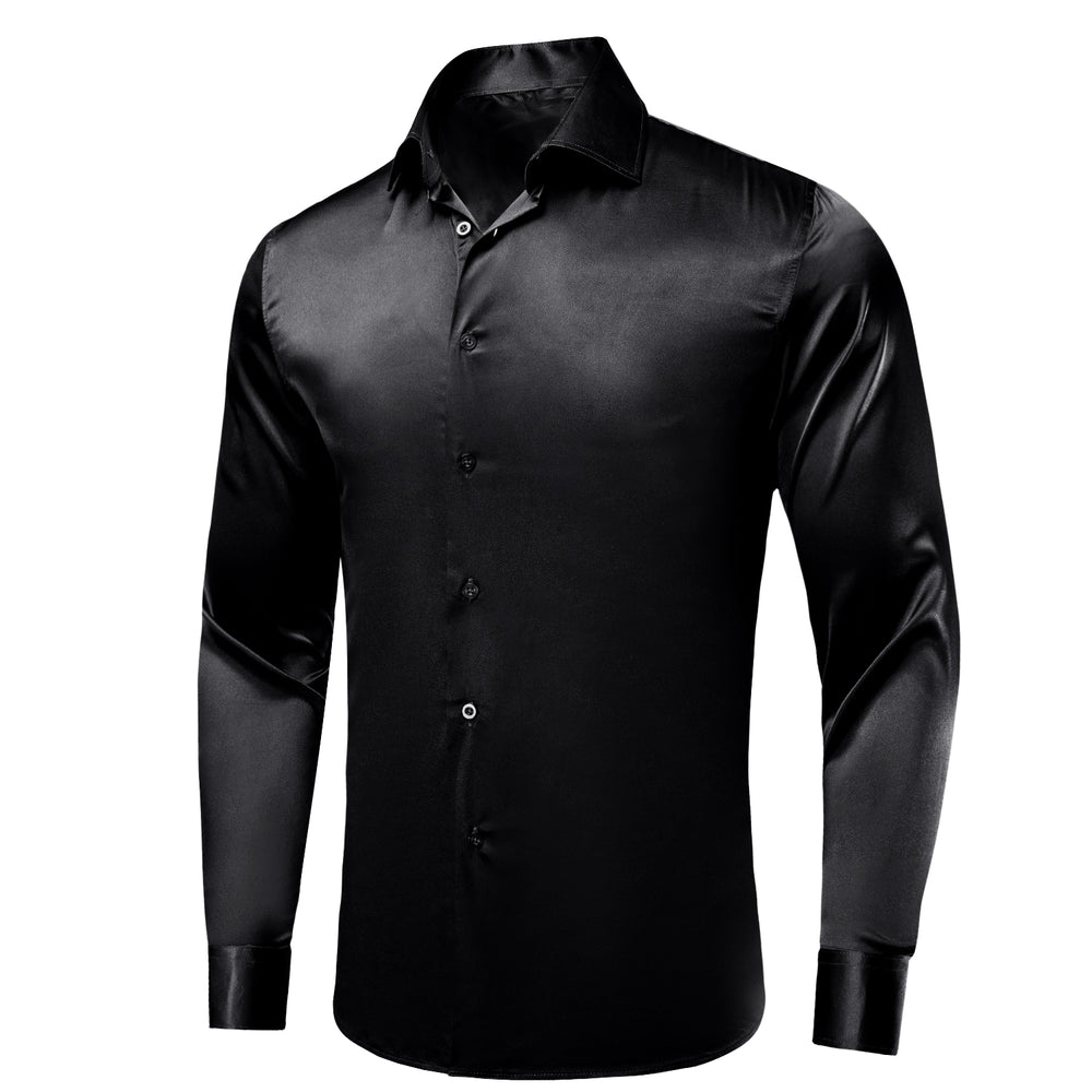 Hi-Tie Black Silk Shirt Solid Satin Men's Long Sleeve Dress Shirt