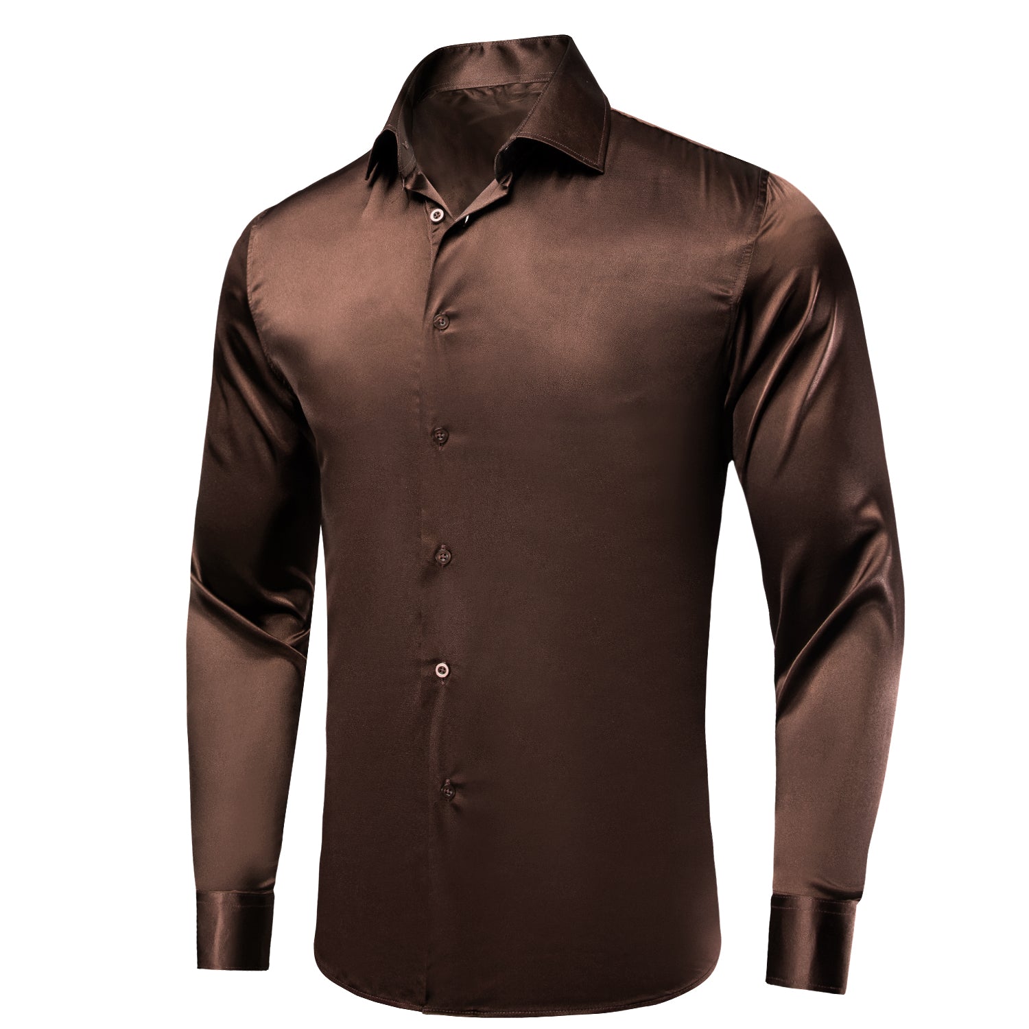 Brown Solid Satin Men's Long Sleeve Dress Shirt