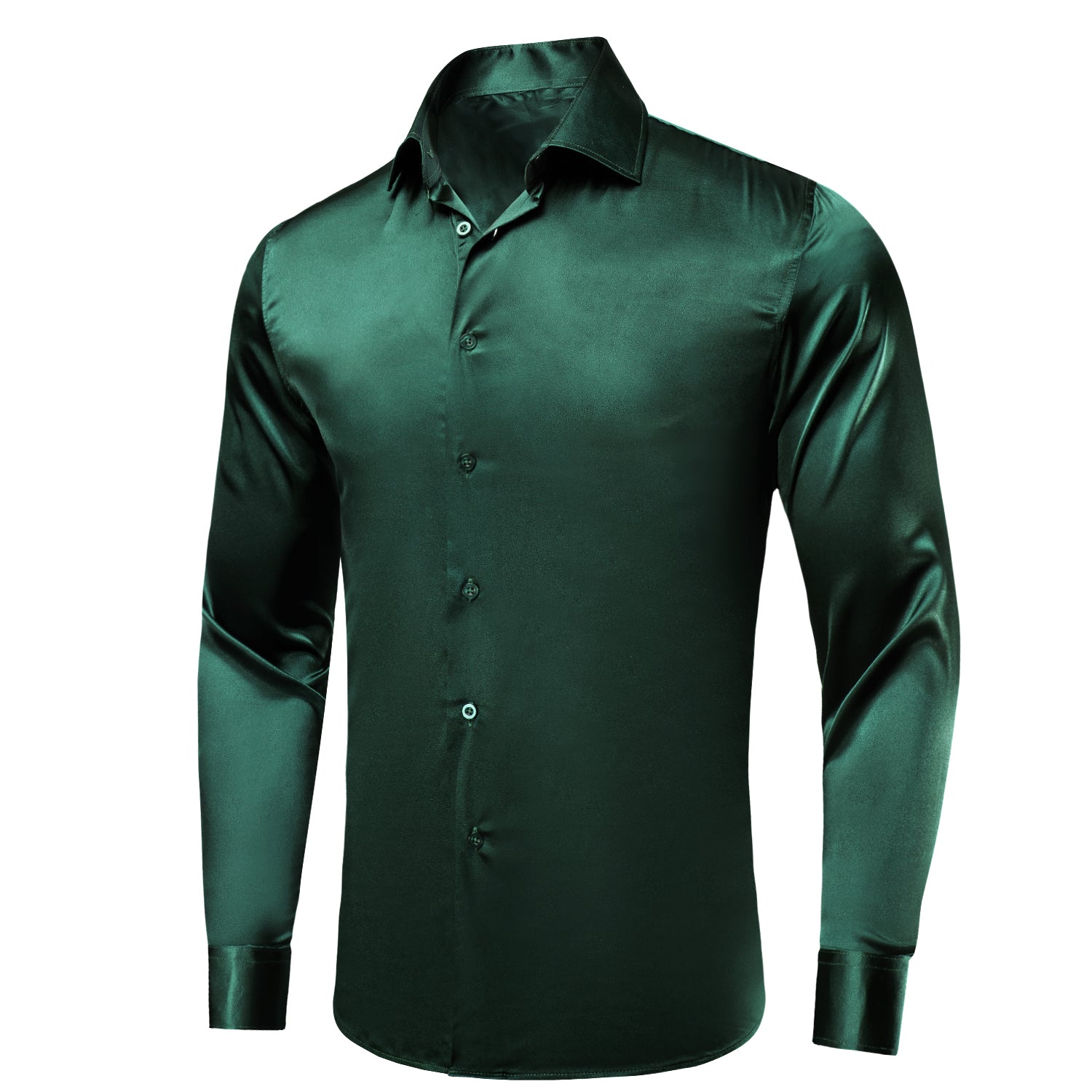 Emerald Green Solid Satin Men's Long Sleeve Dress Shirt