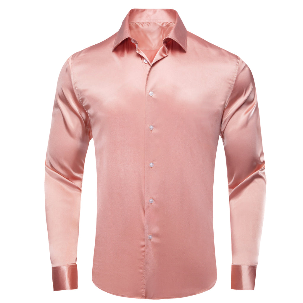 slim fit dress slacks Rose Golden Solid Satin Men's Long Sleeve Dress Shirt, S