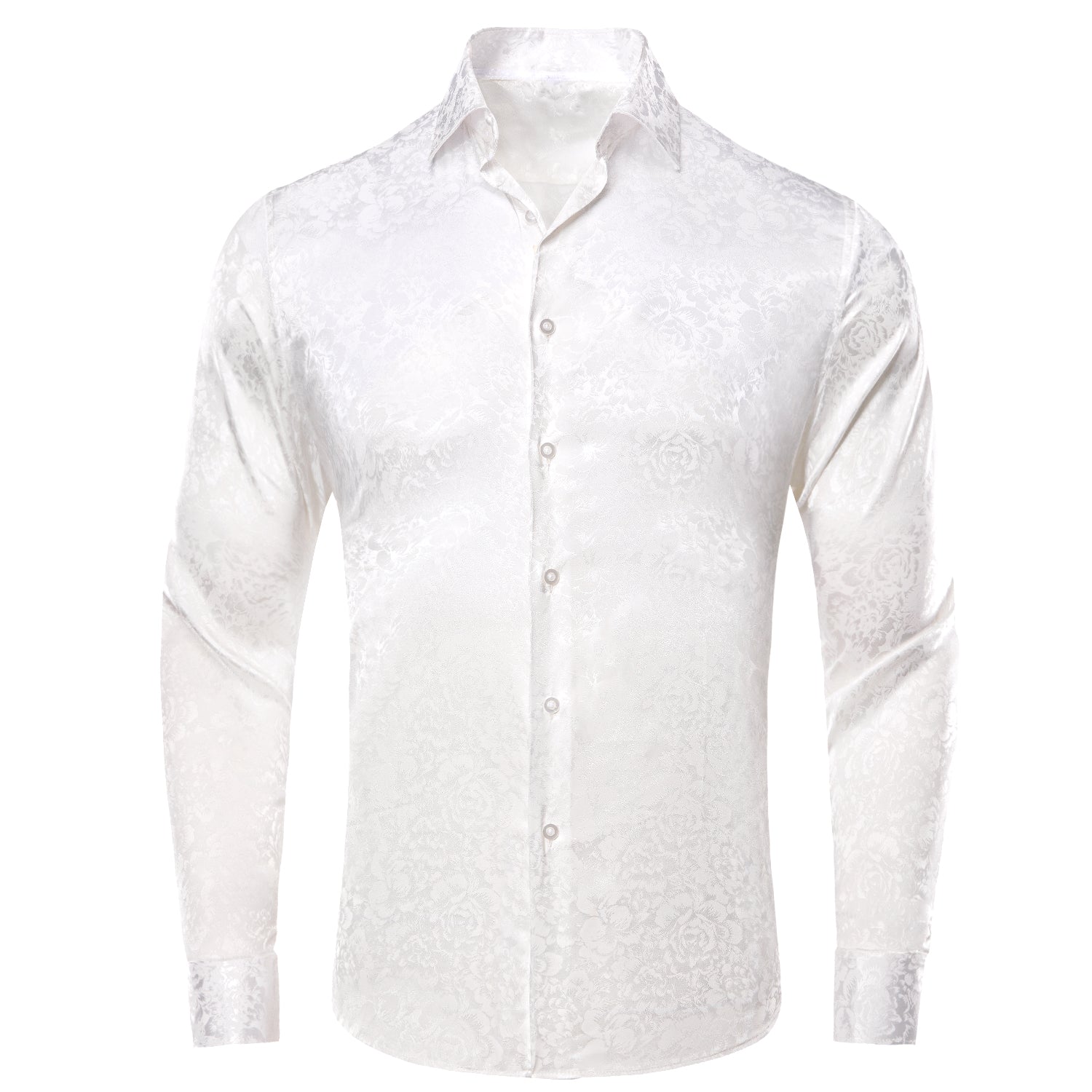 New White Floral Silk Men's Long Sleeve Shirt