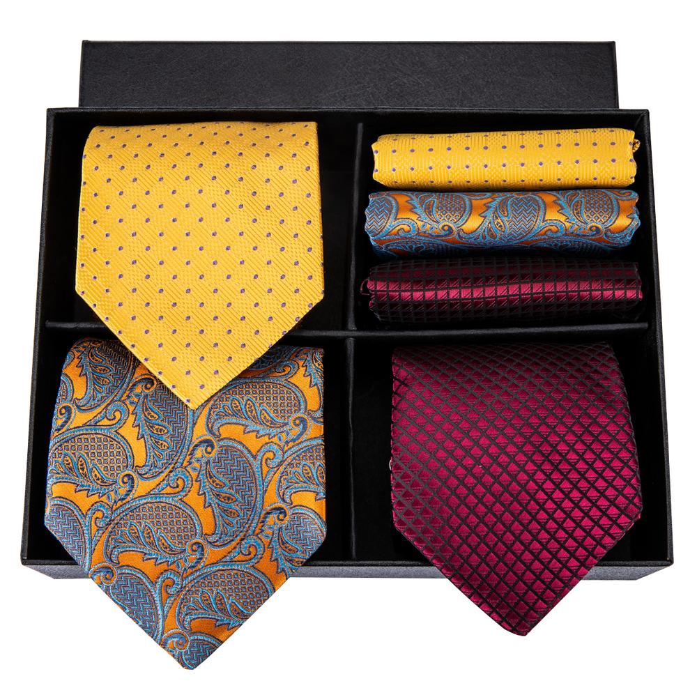 Yellow Red Paisley Plaid Tie Pocket Square Cufflinks Gift Box Set
