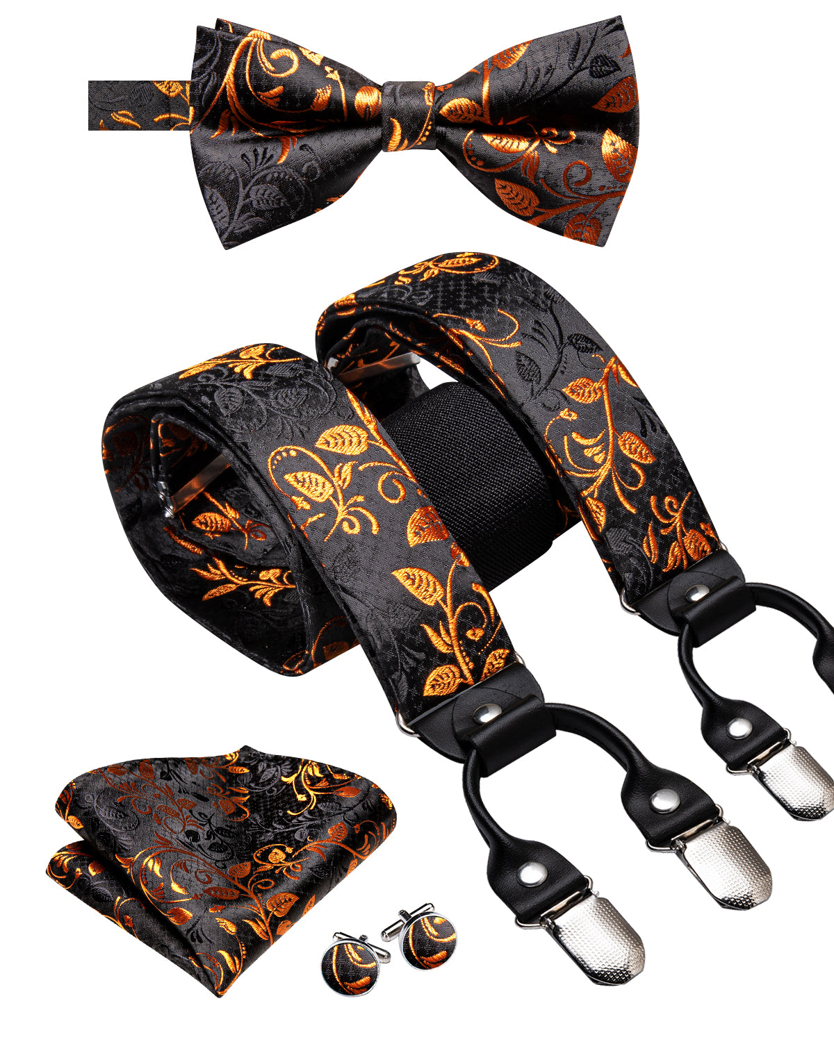 Black and Gold Floral Suspender Bowtie Pocket Square Cufflinks Set