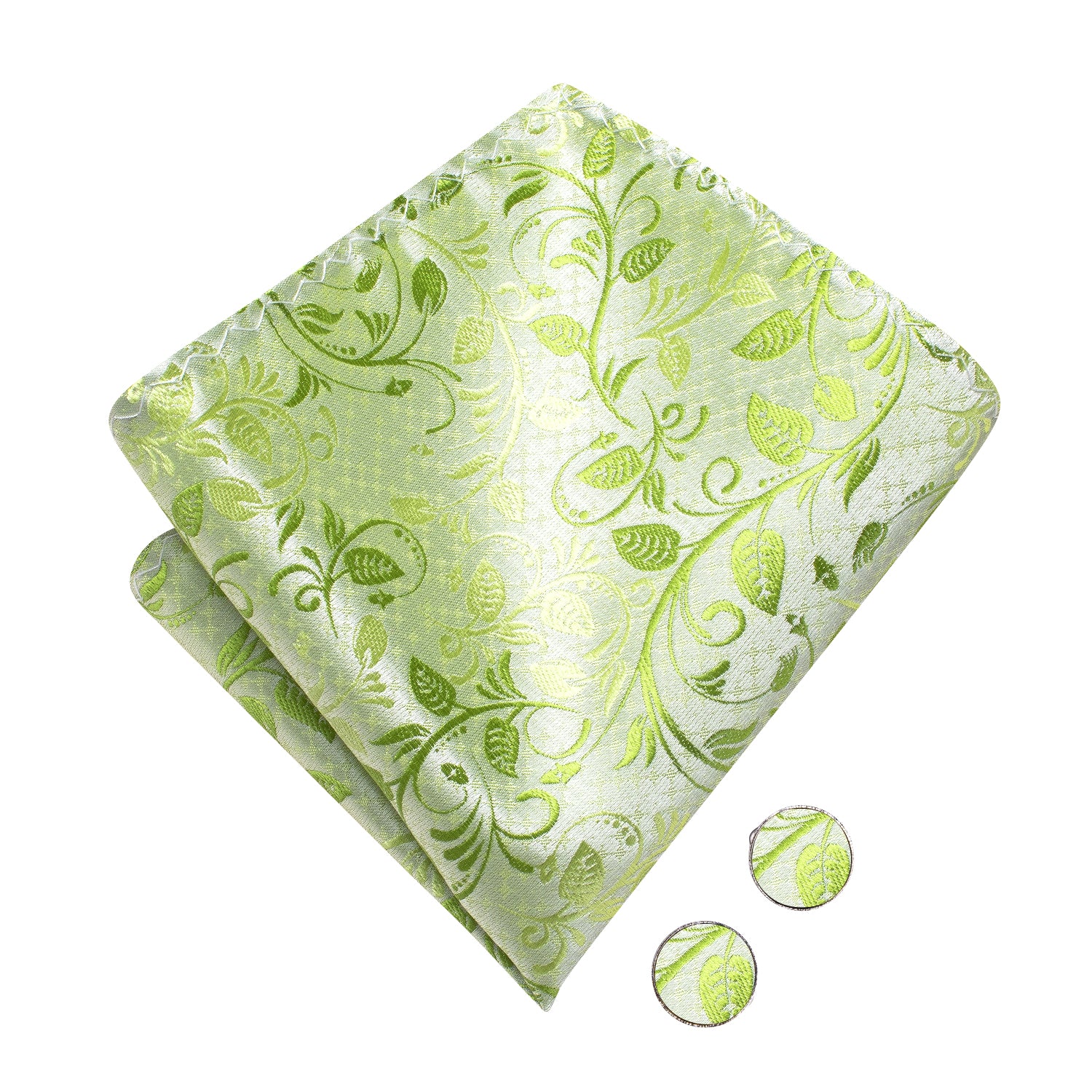 Fresh Green Floral Pre-tied Bow Tie Hanky Cufflinks Pin Set