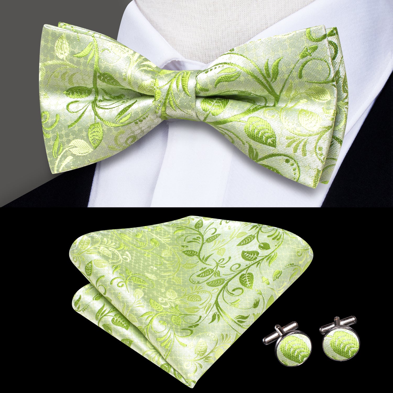 Fresh Green Floral Pre-tied Bow Tie Hanky Cufflinks Pin Set